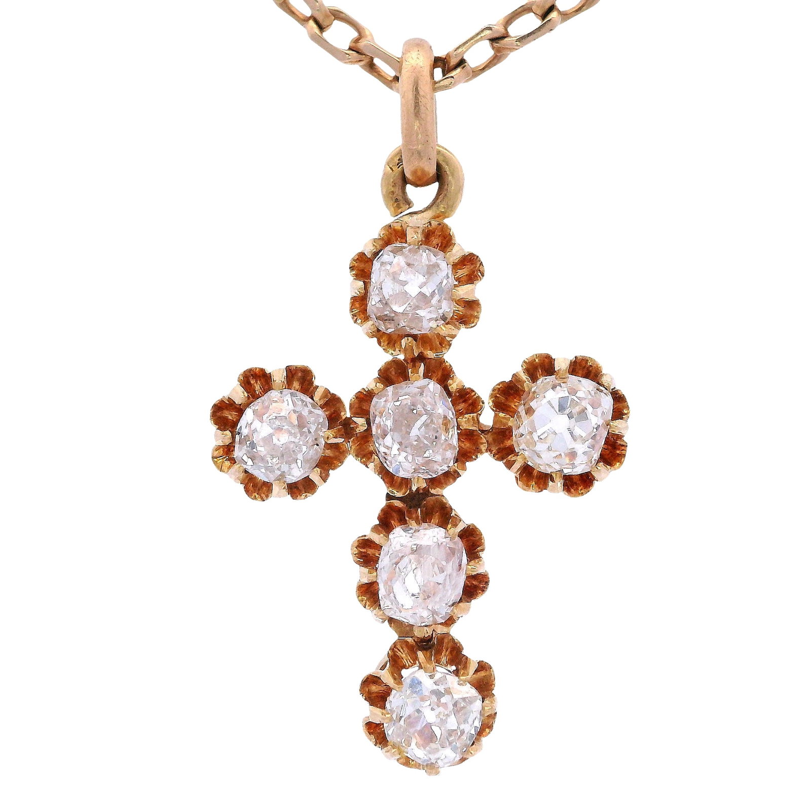Georgian 18kt yellow Gold Pendant Cross with 1.85 CTS in Diamonds: Georgian Cross Pendant, circa 1714-1830, weighing 3.0 grams, is crafted in 18kt yellow gold and features six old mine-cut diamonds totaling approximately 1.85 carats, H-J color, SI1-SI2 clarity. This 