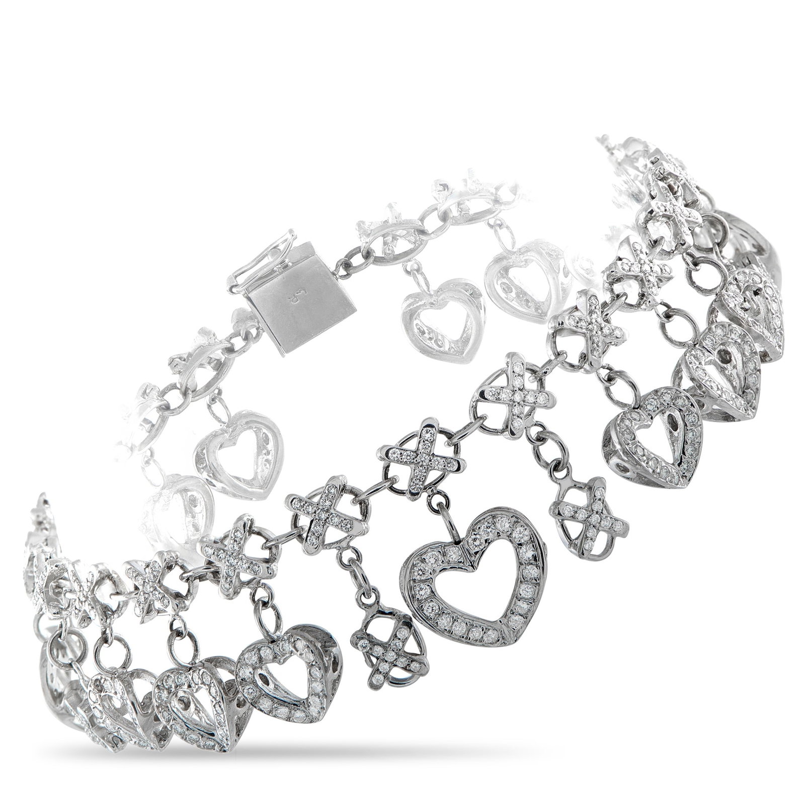 18K White Gold 2.5ct Diamond Charm Bracelet: A white gold bracelet reimagining the classic Hugs and Kisses sentiment through a brilliant and playful design. It features X links traced in diamonds, forming a 7.25-inch chain. Suspended beneath eac