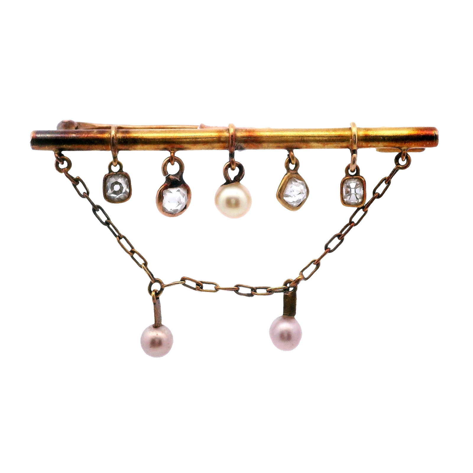 Antique 18kt Gold Pin Brooch with Diamonds and Natural Pearls: Antique Pin crafted in 18kt yellow Gold accented with three hanging natural Pearls (two rose color, one cream color) about 4 - 4.50 mm diameter. Along with four hanging Rose cut Diamonds weighing toge