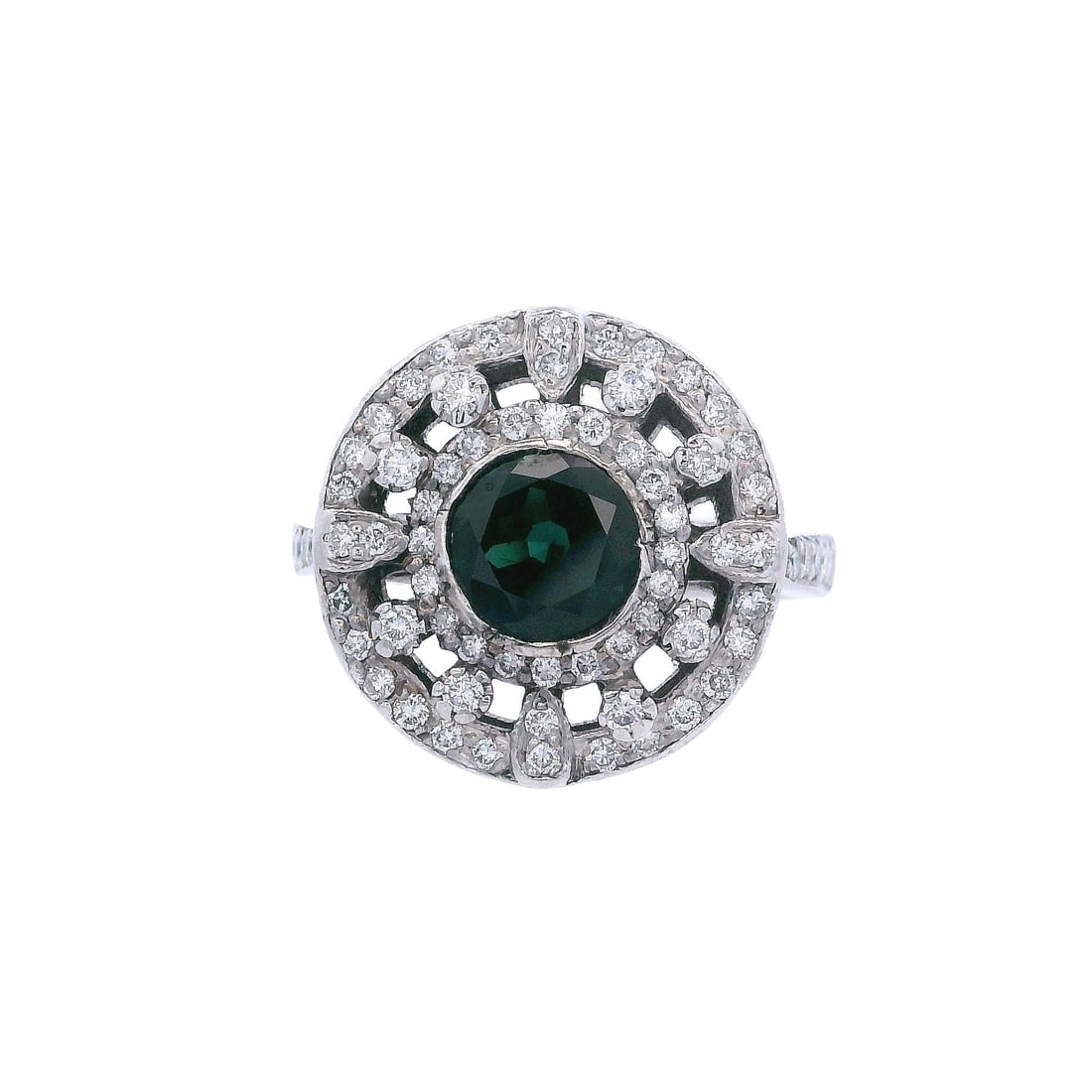 Vintage 14K White Gold Ring with 2.00 CTW in Sapphire & Diamond: Vintage 14K white gold ring centered with an approximately 1.00-carat blue-green sapphire, complemented by approximately 1.00 CTW of diamonds for bright, balanced sparkle around the richly colored cen