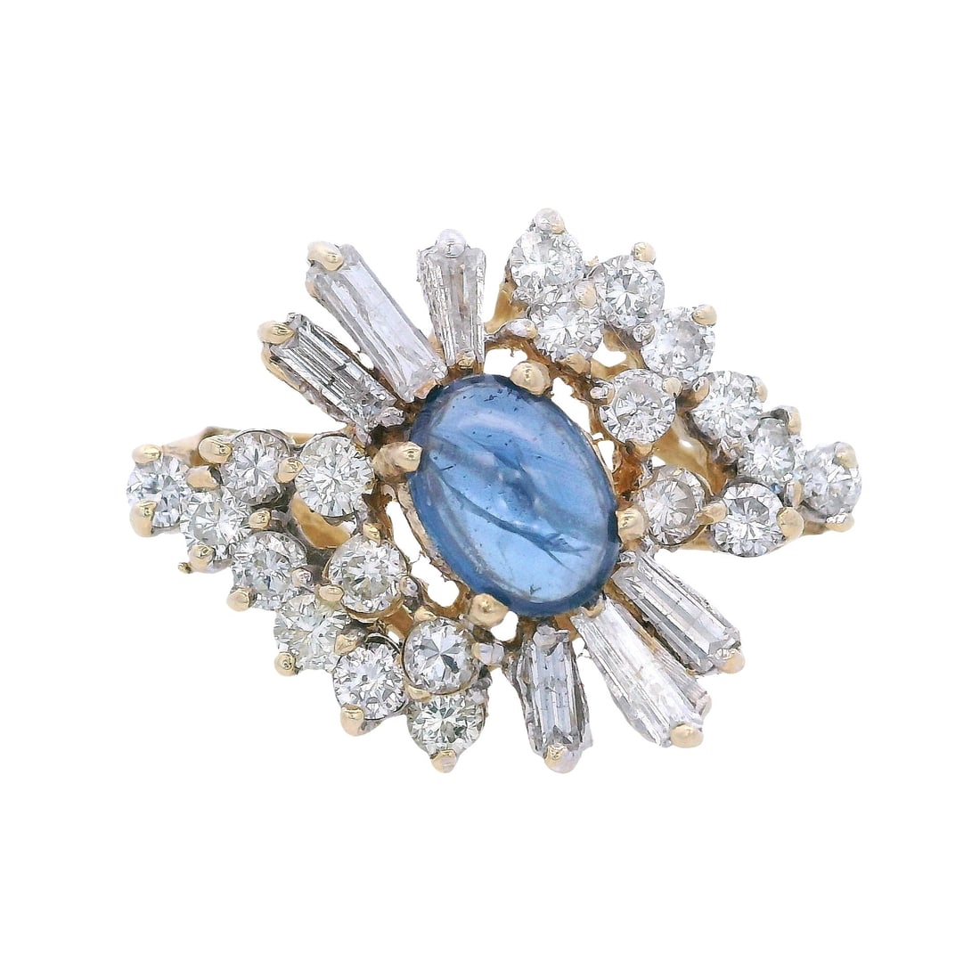Retro 14K Yellow Gold Ring with 2.07 CTW in Sapphire & Diamond: Retro 14K yellow gold ring featuring an approximately 1.02-carat cabochon blue sapphire, beautifully contrasted by round and baguette-cut diamonds totaling approximately 1.05 CTW in bright G–H c
