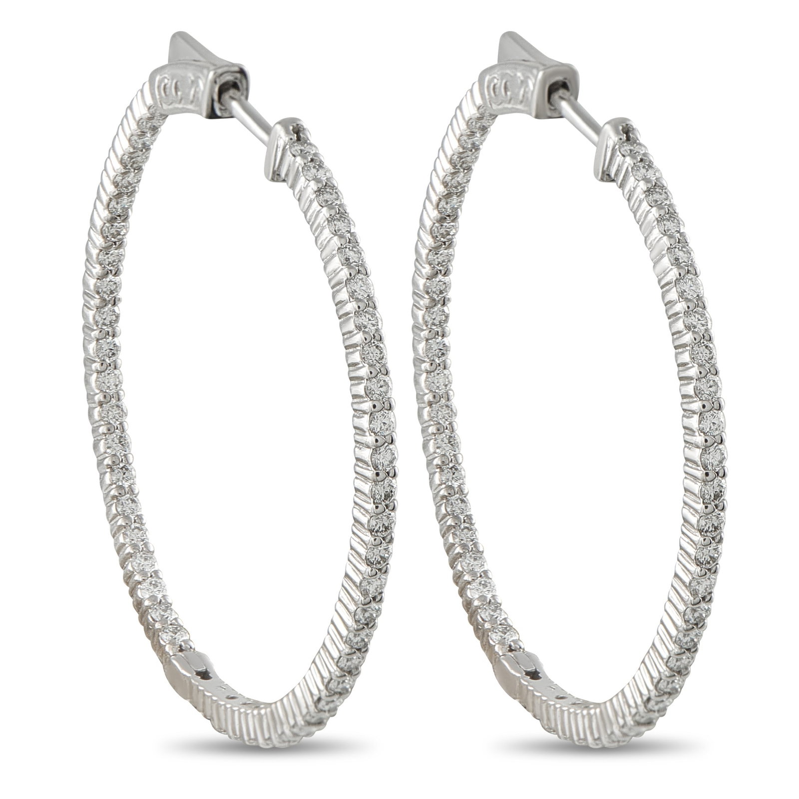 14K White Gold 2.0ct Diamond Inside-Out Hoop Earrings: These classic hoop earrings will instantly add a touch of luxury to any ensemble. Diamonds with a total weight of 2.0 carats make them come alive every time they catch the light. Set in 14K White Gold