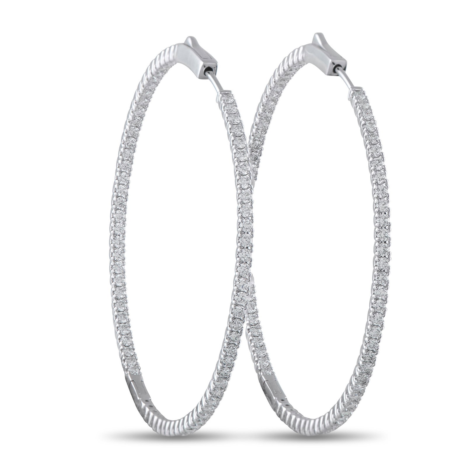 14K White Gold 2.40ct Diamond Inside-Out Hoop Earrings: Diamonds with a total weight of 2.40 carats allow these luxury hoop earrings to seemingly radiate light. Stylish and sophisticated, the minimalist 14K White Gold setting measures 1.88 round. This jewe
