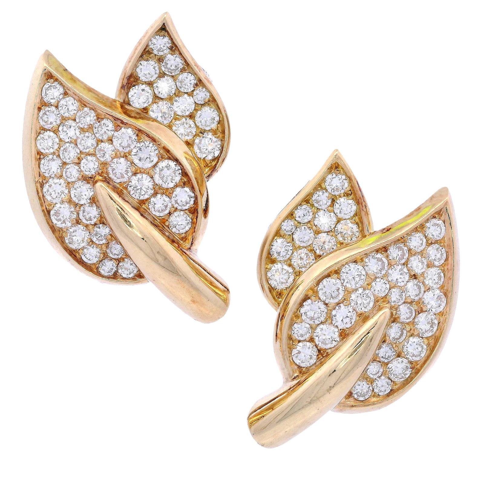 Mid-century 18kt yellow Gold Leaf Earrings with 2.00 Cts in Diamonds: Circa 1970s, Mid Century exquisite pair of Leaf Earring crafted in 18 carats yellow Gold. Enhanced with a pave of 82 Round cut Diamonds weighing together Approx. 2.00 carats. F-G color, VS2 clarity. T
