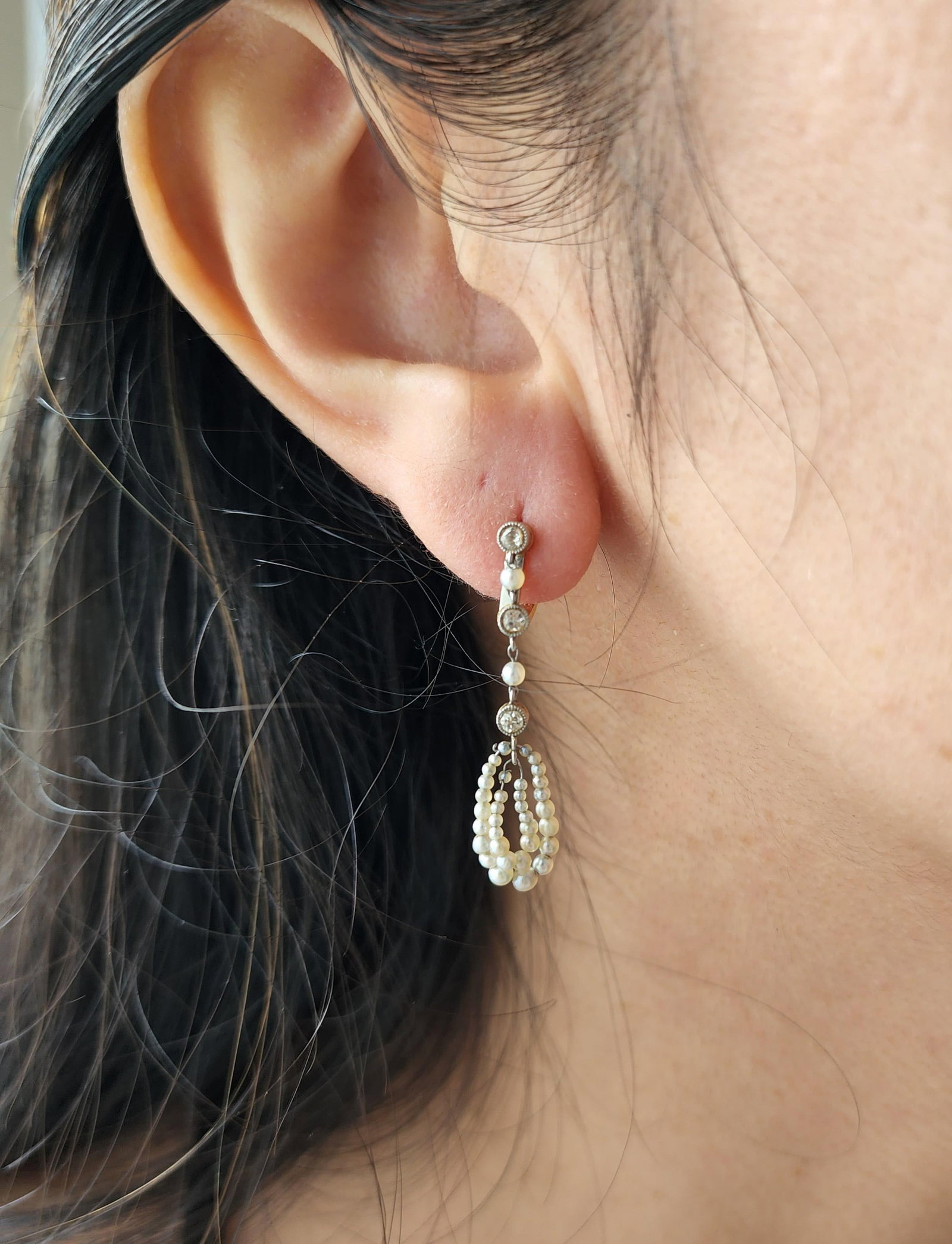 Bellé Epoque 18kt Gold Earrings with Natural Micro Pearls & Diamonds: The Belle Époque Drop Earrings from the 19th Century (circa 1860-1900s), weighing 2.3 grams, are crafted in 18k yellow gold and platinum and feature six old mine cut diamonds weighing approximate