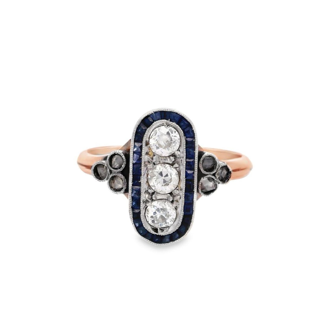 Art Deco 1920 Ring in 18k Gold & Platinum with Sapphires & Diamonds: The Art Deco Ring from the 1920s, weighing 3.0 grams, is crafted in 18k yellow gold with platinum overlay and features three old mine cut diamonds totaling approximately 0.34 carats in G-H color with