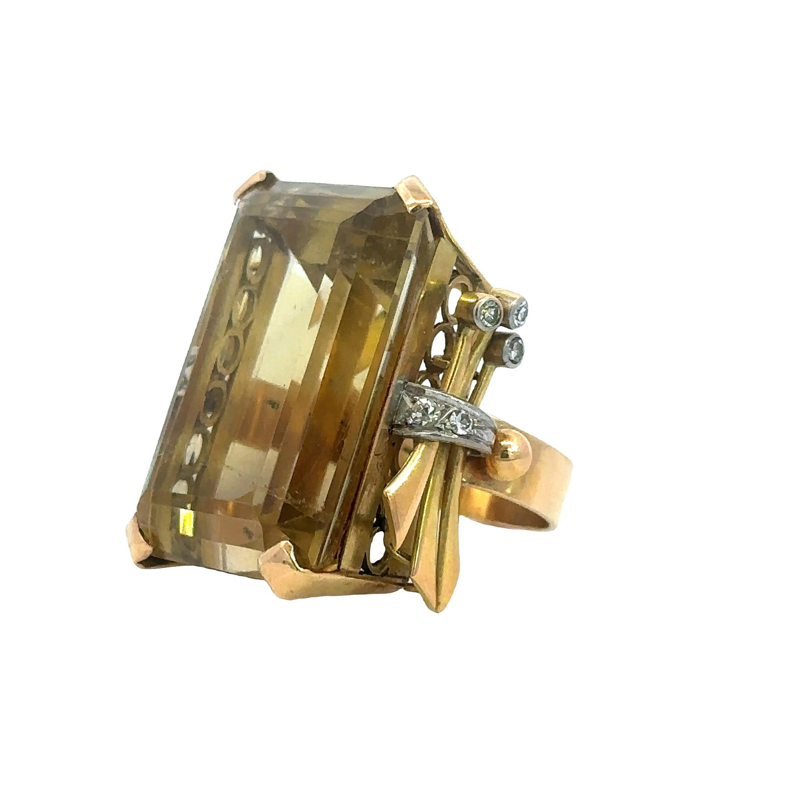 Art Deco 1940 18k Yellow Gold Ring with 76.40 Ctw in Citrine & Diamonds: The Art Deco Cocktail Ring from the 1940s, weighing 29.7 grams, is crafted in 18k rose gold and features a natural yellow citrine weighing approximately 76.50 carats, complemented by ten diamonds