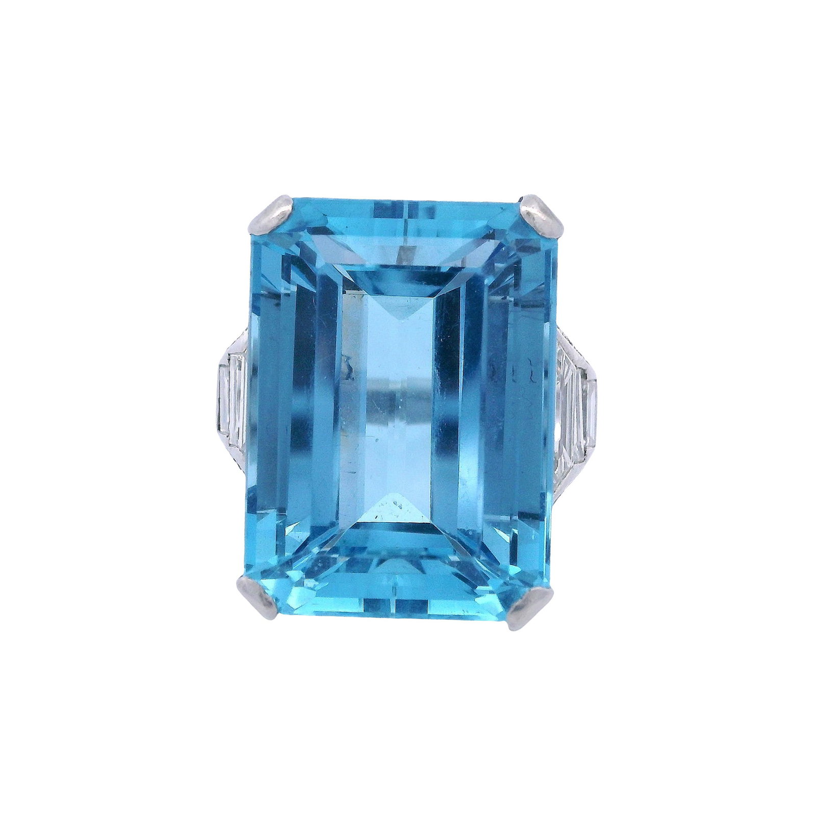 Boucheron Santa Maria Aquamarine 24.0 Cts Ring in Platinum with Diamonds: Exceptional cocktail ring featuring a stunning 24.0-carat emerald-cut Santa Maria aquamarine in vibrant blue. Complemented by six baguette-cut diamonds (1.50 total carats, G-H color, VS1 clarity) and