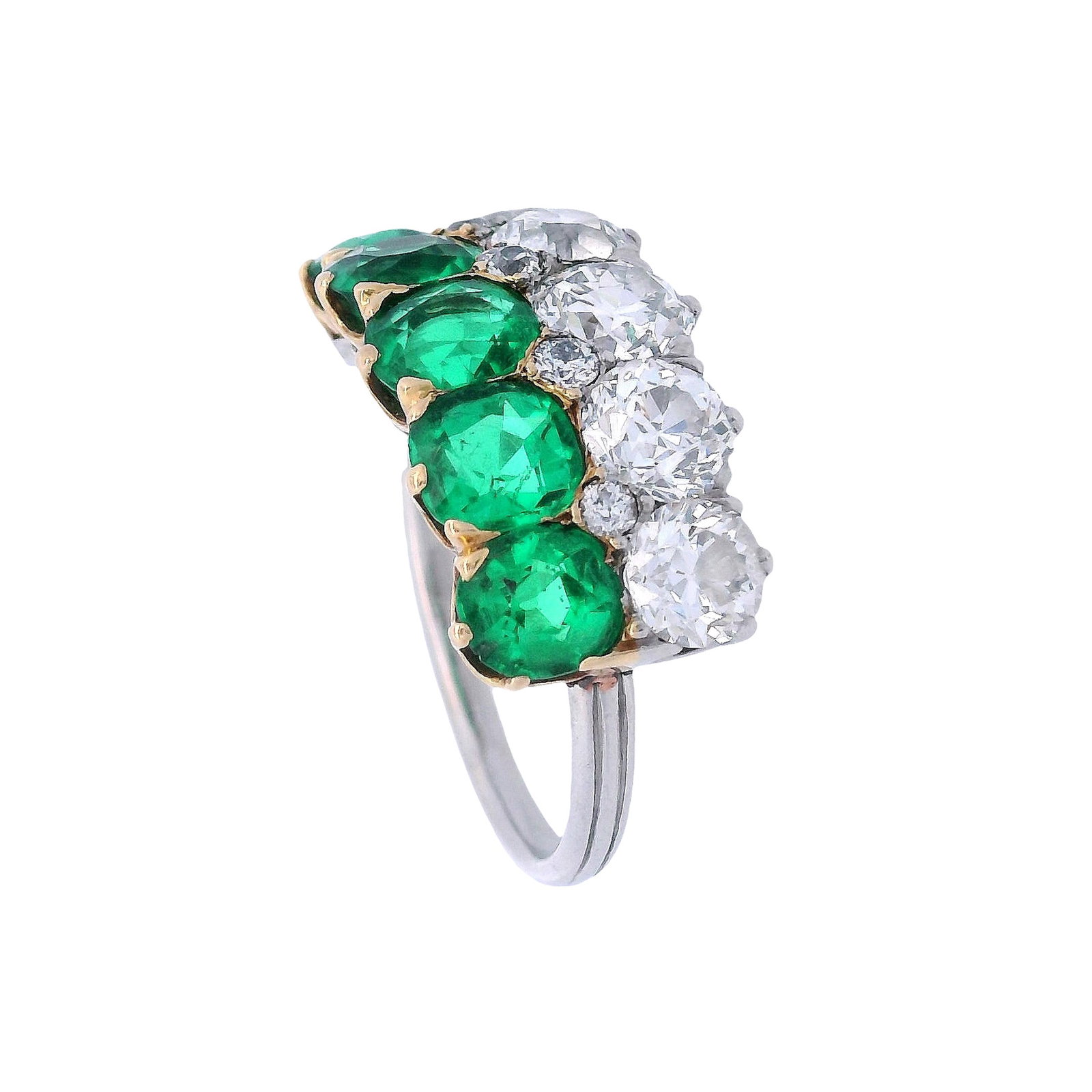 Antique Hallmarked Platinum & 18kt Gold Ring with Colombian Emeralds and VVS Old mine Diamonds: Exceptional antique ring crafted in platinum and 18kt yellow gold featuring five Old European cut diamonds (2.00 total carats, F-G color, VS1 clarity) alternating with five old oval cut Colombian