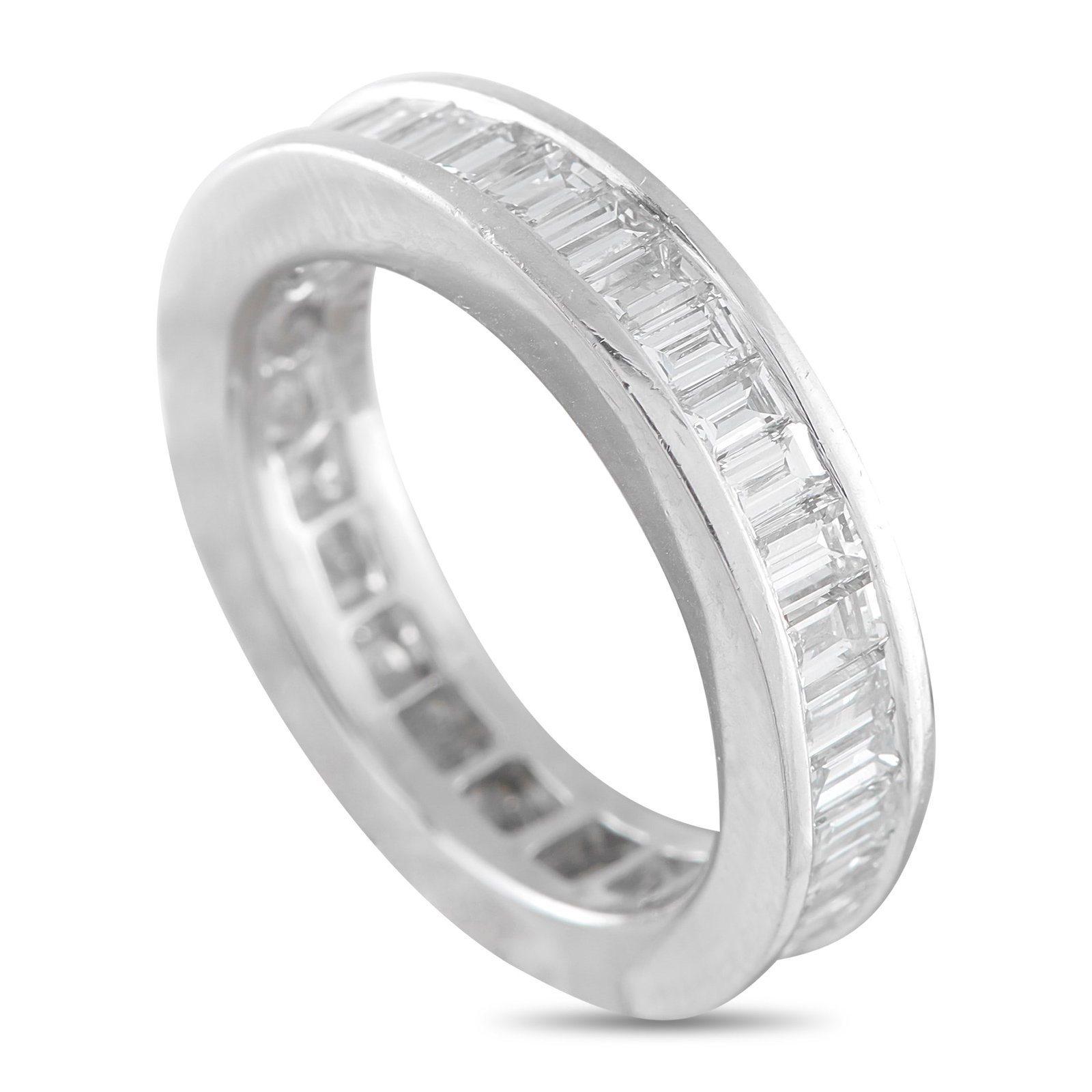 Platinum 2.75ct Diamond Eternity Band Ring: Diamond baguettes totaling 2.75 carats in a sleek channel setting make this eternity band ring effortlessly emanate light. The elegant, minimalist design makes it an ideal piece for everyday wear.
