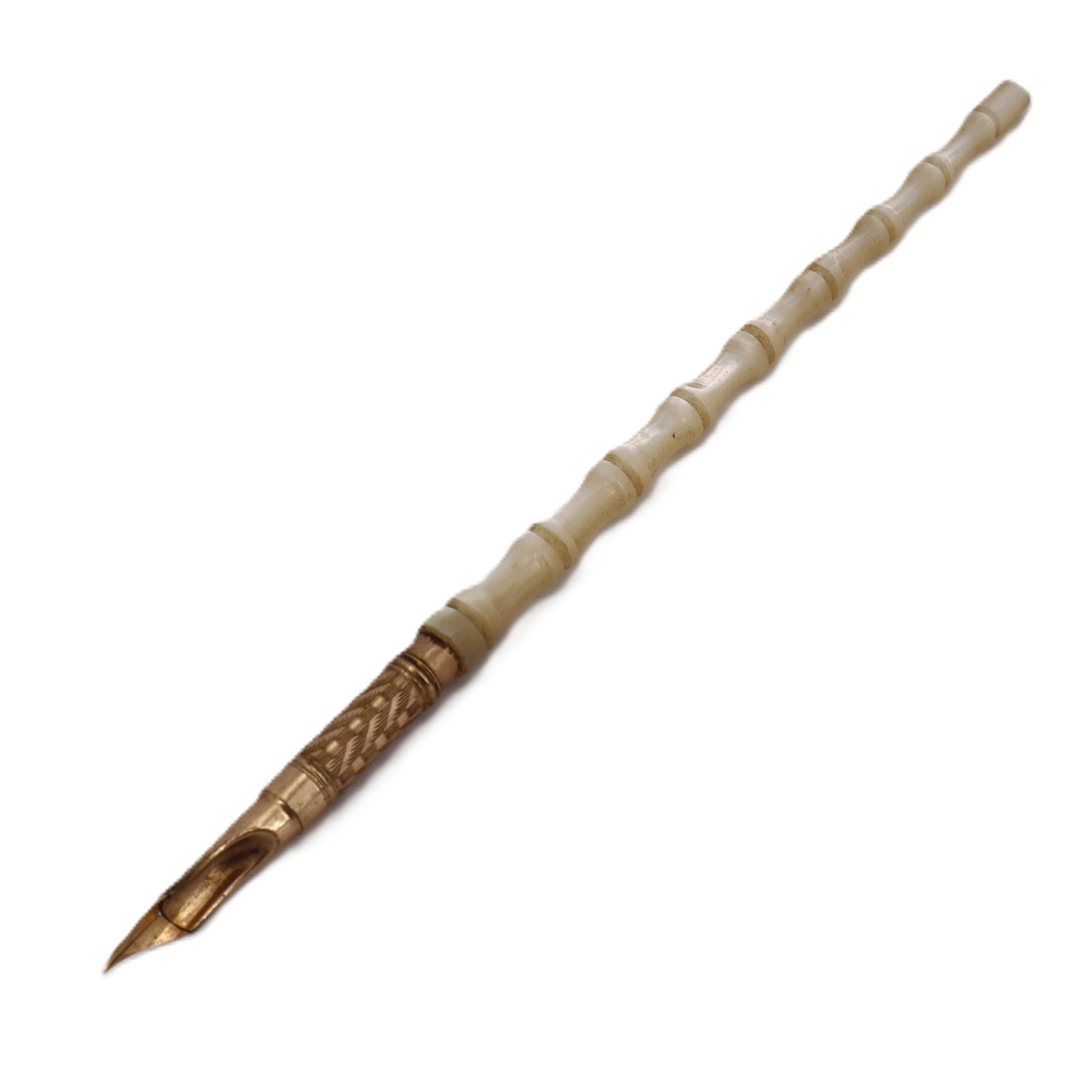 Antique Gold-Filled Dip Pen with Mother of Pearl Handle: Elegant antique gold-filled dip pen featuring a beautifully carved mother-of-pearl handle with a bamboo-inspired profile and warm natural luster. Finished with a textured gold-filled grip section and 