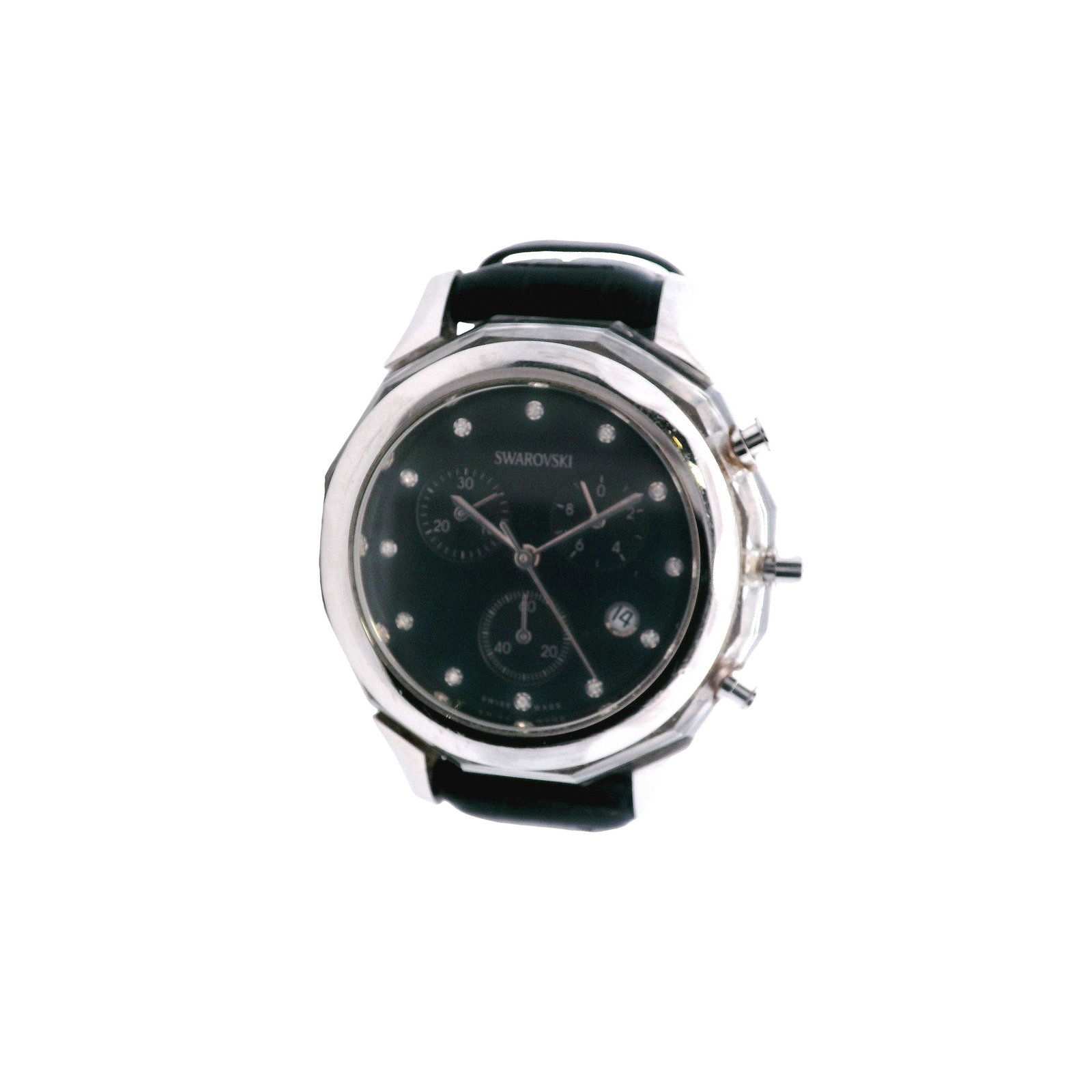 Swarovski Mens Swiss Quartz Watch w/ Crystal Black Dial & Leather Band: Sleek Swarovski men’s wristwatch, Swiss-made, featuring a 37 mm case with a silver-plated bezel and a striking black dial adorned with crystal accents for sharp, modern appeal. Powered by a reli