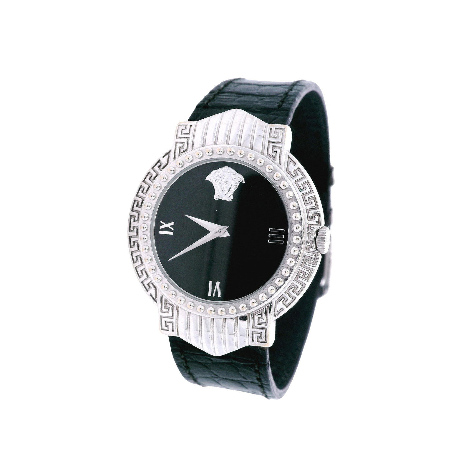 VERSACE Signature Watch With Gold Plated Stainless Steel: Elegant Swiss-made Gianni Versace Signature 1695 ladies wristwatch crafted in stainless steel with G20 white gold-plated accents, featuring a 35 mm case and reliable quartz movement. The striking blac