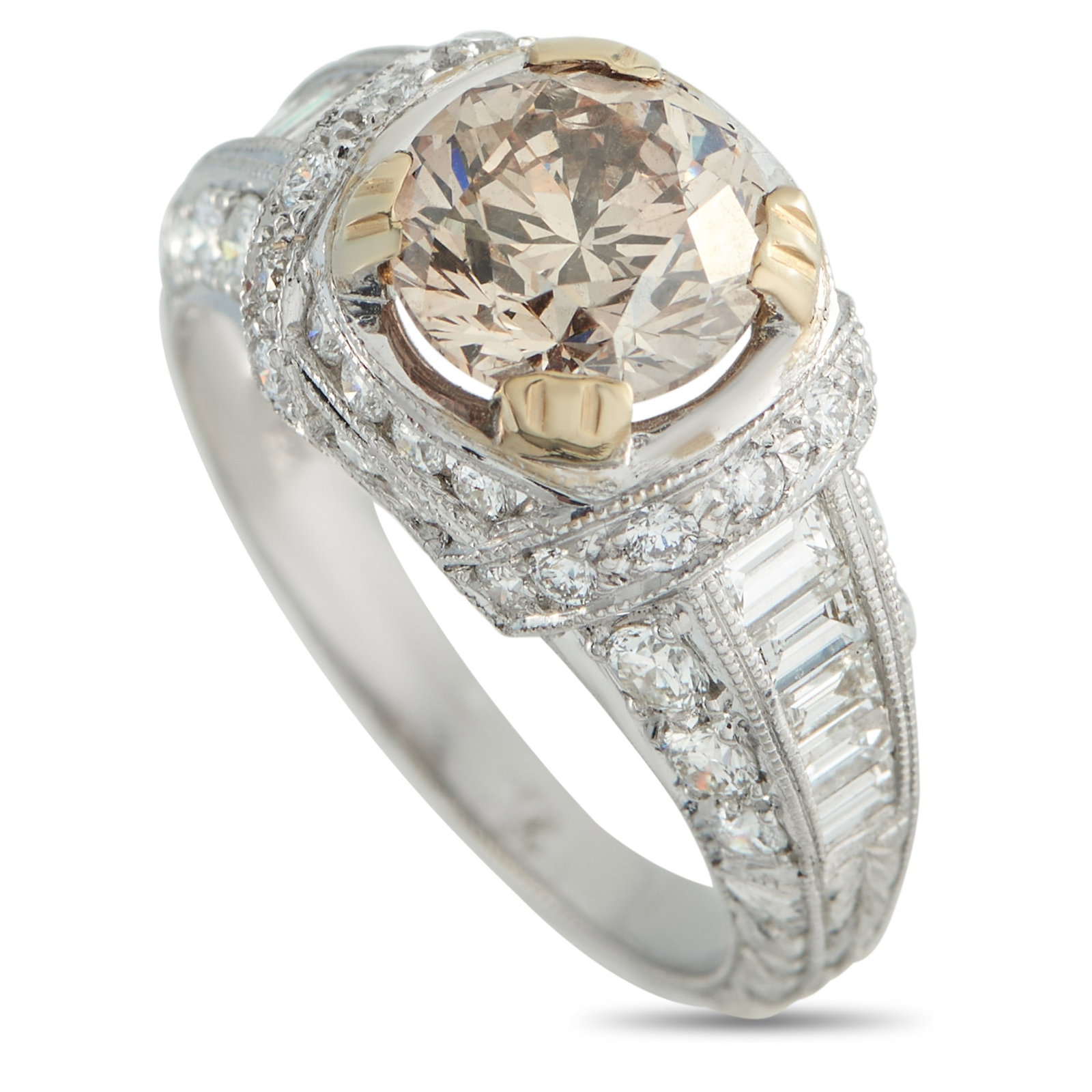 18K White Gold 3.14ct Diamond Ring: This dazzling ring is meant to catch the light from every angle. Diamonds with a total weight of 1.94 carats cover the 18K White Gold setting, while a 1.20 carat Diamond center stone provides a subtle