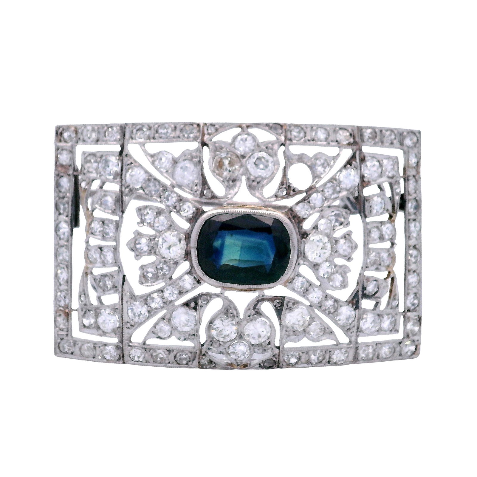 Art Deco filigree Platinum Brooch with 5.15 CTW in Sapphire and Diamonds (1 of 5)