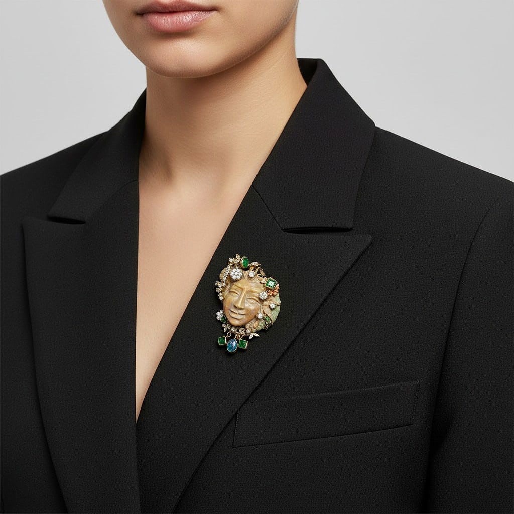 14K Yellow Gold Carved Opal Diamond & Emerald Brooch: 14K yellow gold brooch centered with a beautifully carved opal cameo, accented with emeralds totaling approximately 2.00 carats and 55 diamonds totaling approximately 3.00 carats (H–J color, SI1