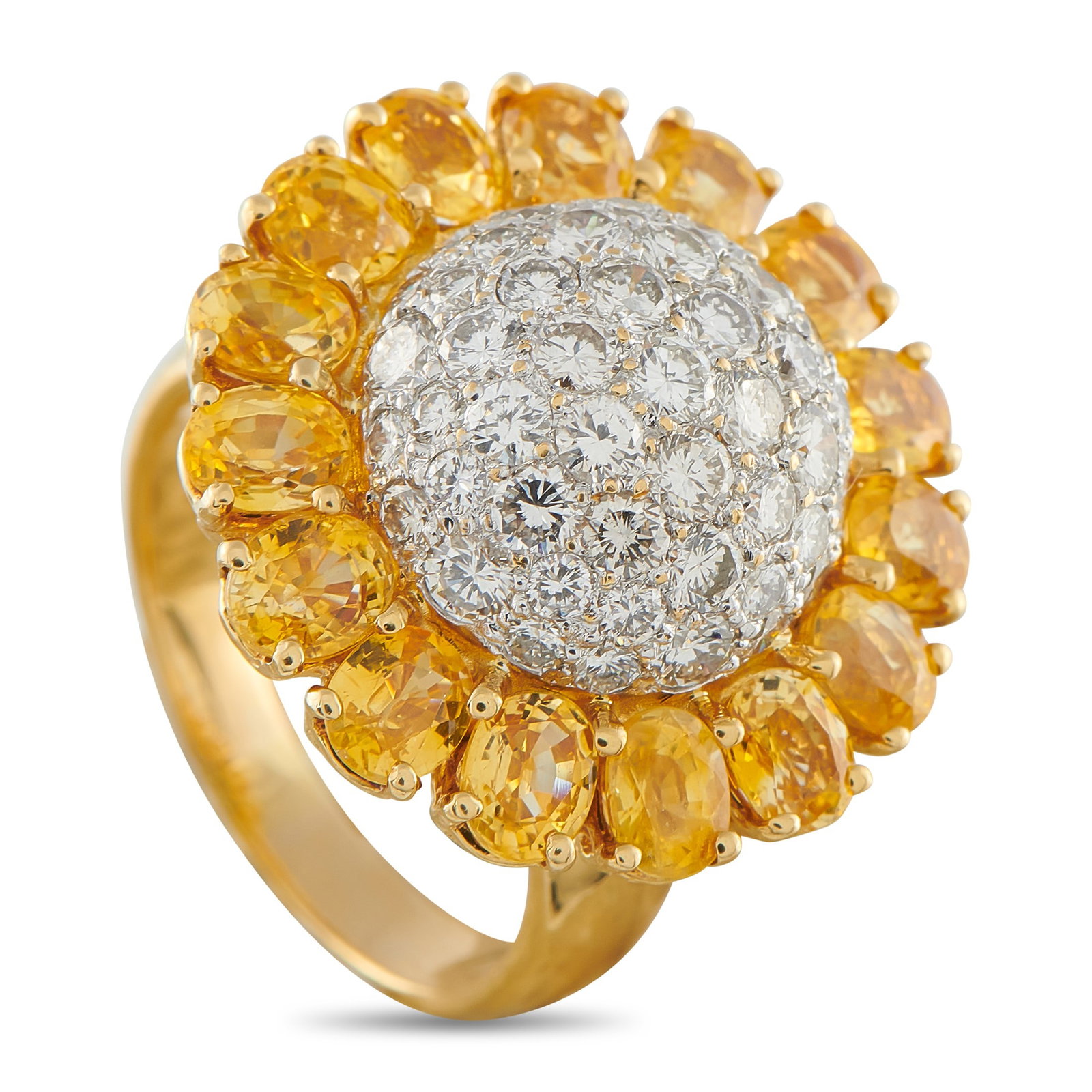 18K Yellow Gold 1.80ct Diamond and Sapphire Sunflower Ring: A tribute to botanical beauty through the lens of fine jewelry. This ring presents a polished 3mm domed band in yellow gold, supporting a raised crown where a round diamond cluster forms the central d