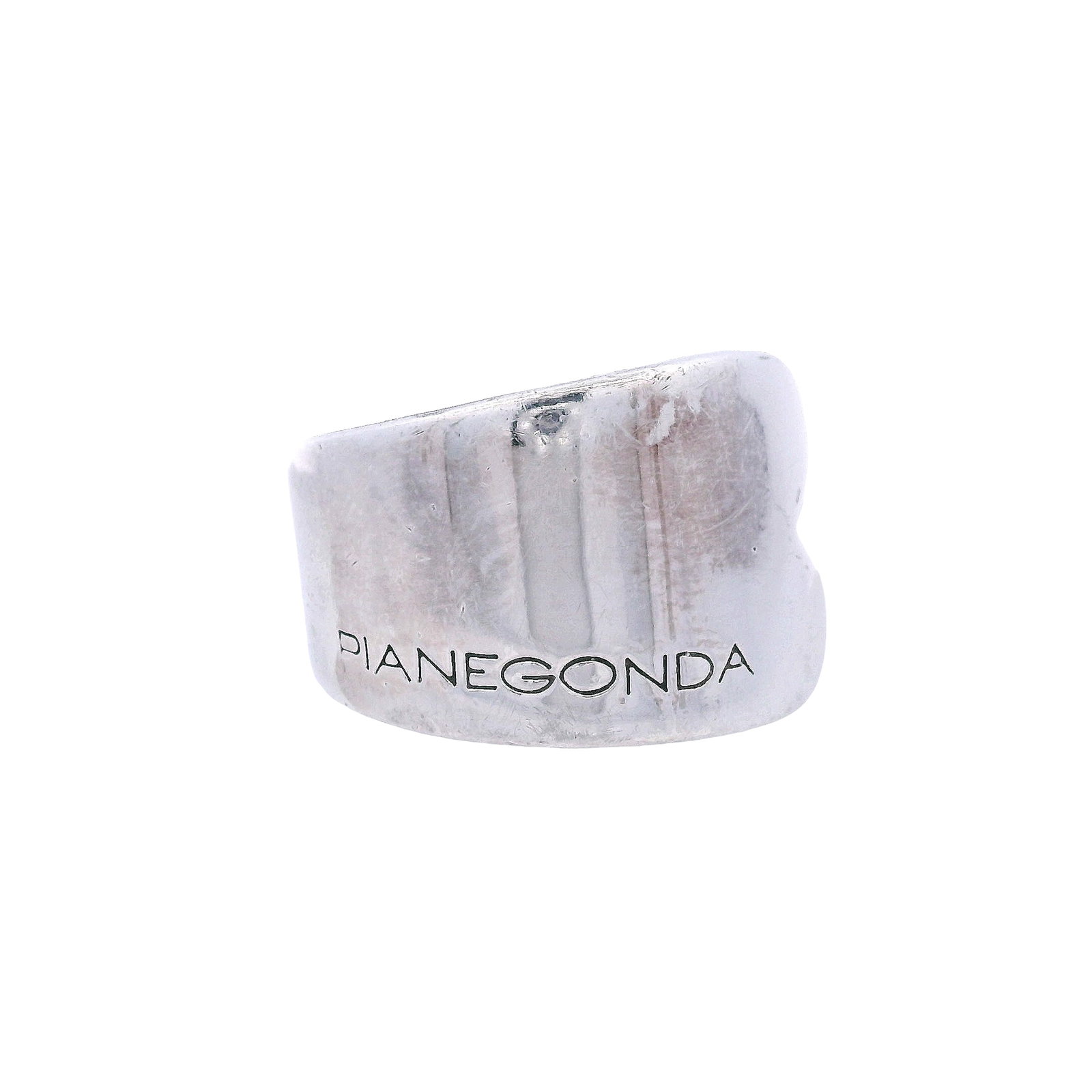 PIANEGONDA Italian .925 Sterling Silver Designer Wide Band Ring: Sculptural Pianegonda designer ring crafted in .925 sterling silver, featuring a bold, contemporary wide-band profile with a sleek polished finish and substantial presence on the hand. Measuring appro