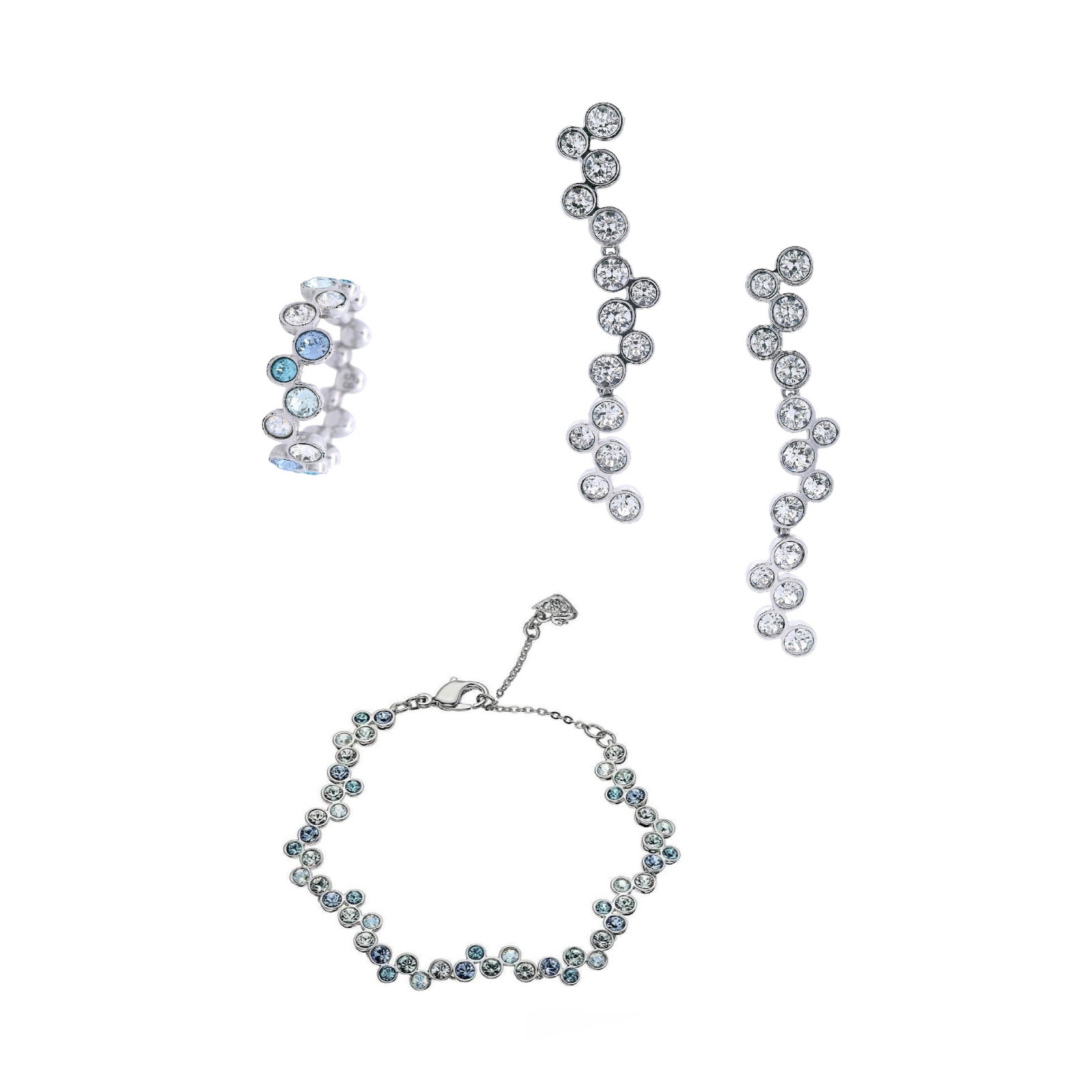 SWAROVSKI Constella Rhodium-Plated Blue Mixed-Cut Set: Bracelet, Earrings & Ring: Sparkling Swarovski Constella three-piece set featuring a rhodium-plated bracelet, earrings, and ring, each adorned with a radiant mix of Swarovski crystals and zirconia in varied cuts and luminous bl