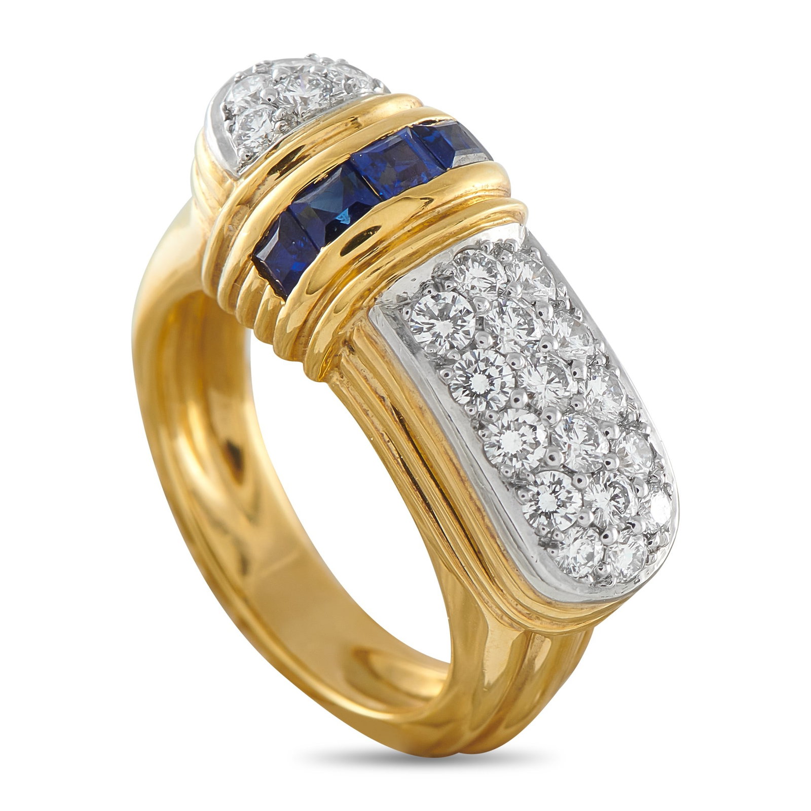 18K Yellow Gold 0.50ct Diamond and Sapphire Ring: A sleek, contemporary design makes this ring an exciting addition to any luxury jewelry collection. Crafted from 18K Yellow Gold, Sapphire accents totaling 0.35 carats are juxtaposed with inset Diamon