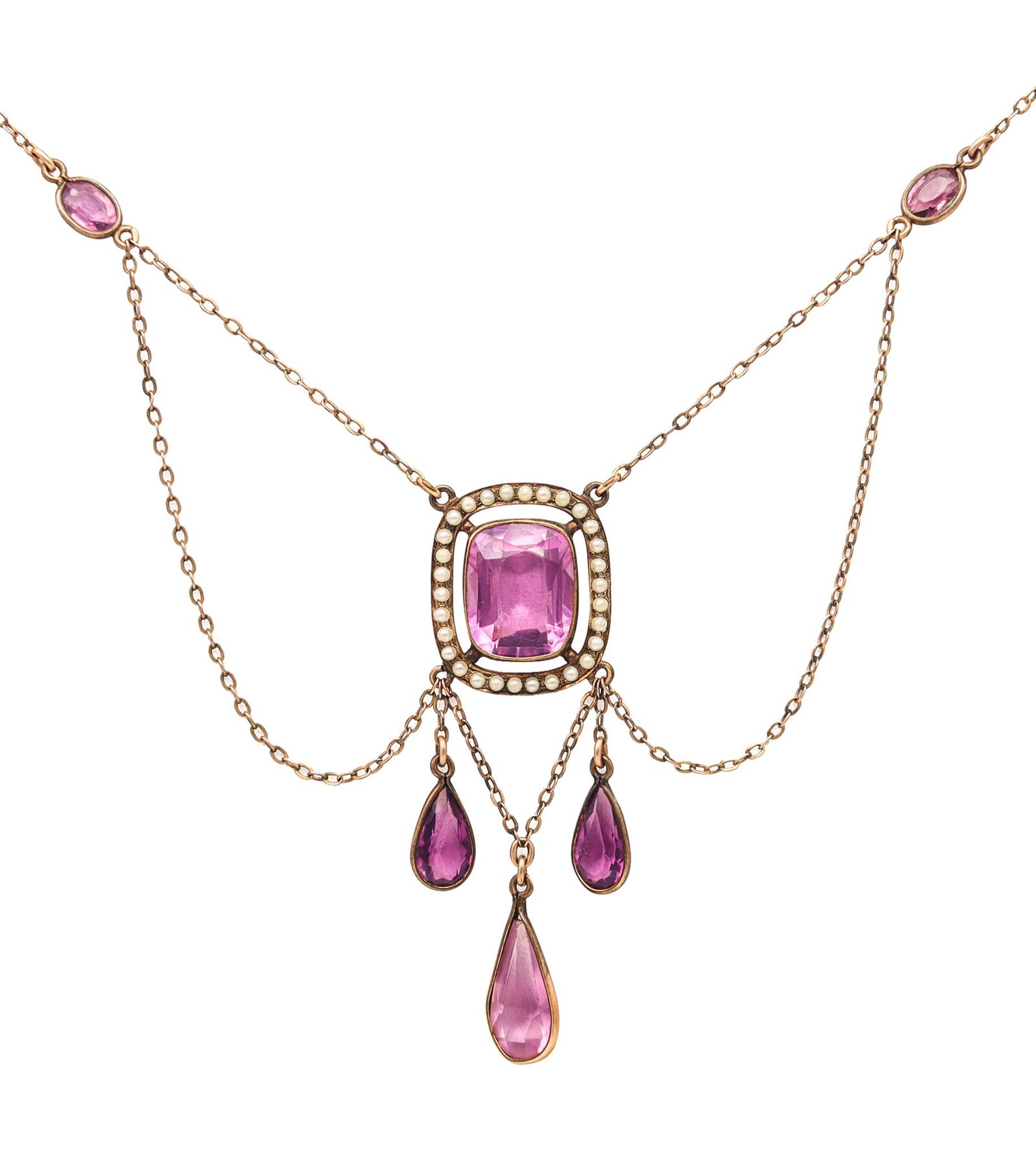 VICTORIAN 1870 Festoon Chained Necklace 9Kt Yellow Gold With Amethysts & Pearls: Victorian festoon necklace, England, circa 1870–1890, crafted in 9K yellow gold (electronically tested .375) and designed with elegant draped chains and a dramatic central drop. Set with a bezel
