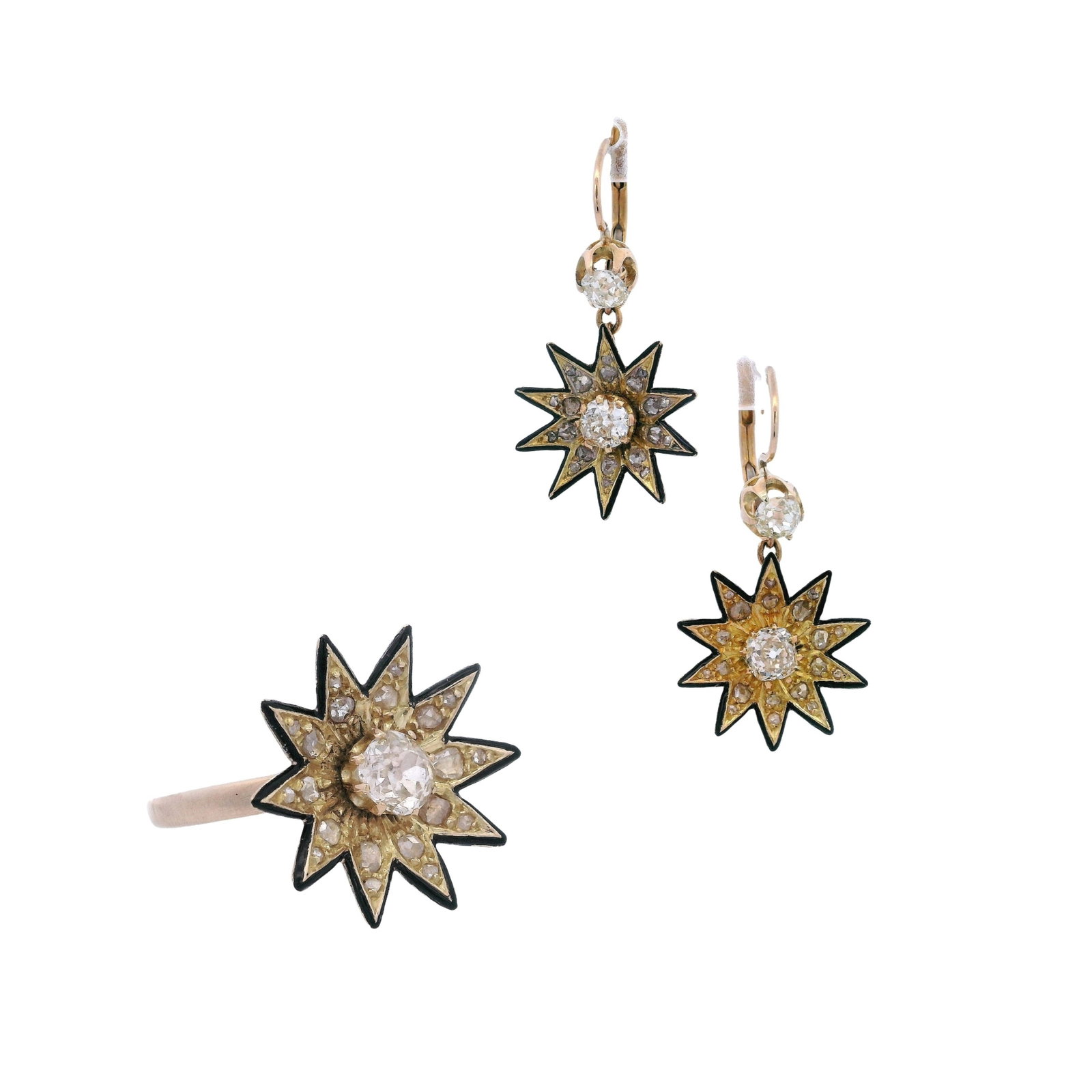 Victorian Era 18K Yellow Gold Ring & Drop Earrings Set with 2.40 CTW in Diamond: Elegant Victorian Era suite comprising a ring and matching drop earrings in 18K yellow gold with striking black enamel applications, each centered with old mine-cut diamonds totaling approximately 2.2