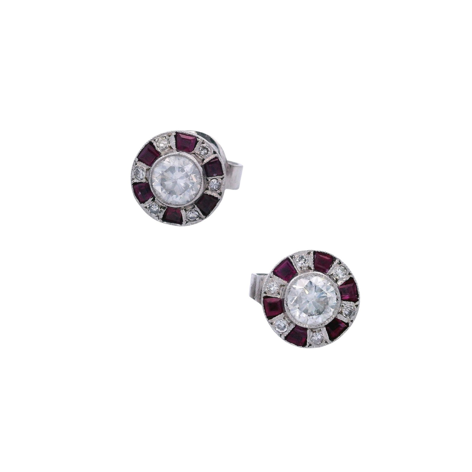 Platinum Target Stud Earrings with Diamond & Ruby: Classic platinum target-style stud earrings centered with two round diamonds totaling approximately 0.64 carats (G–H color, VS1–SI1 clarity), framed by a finely set halo of rubies and diam