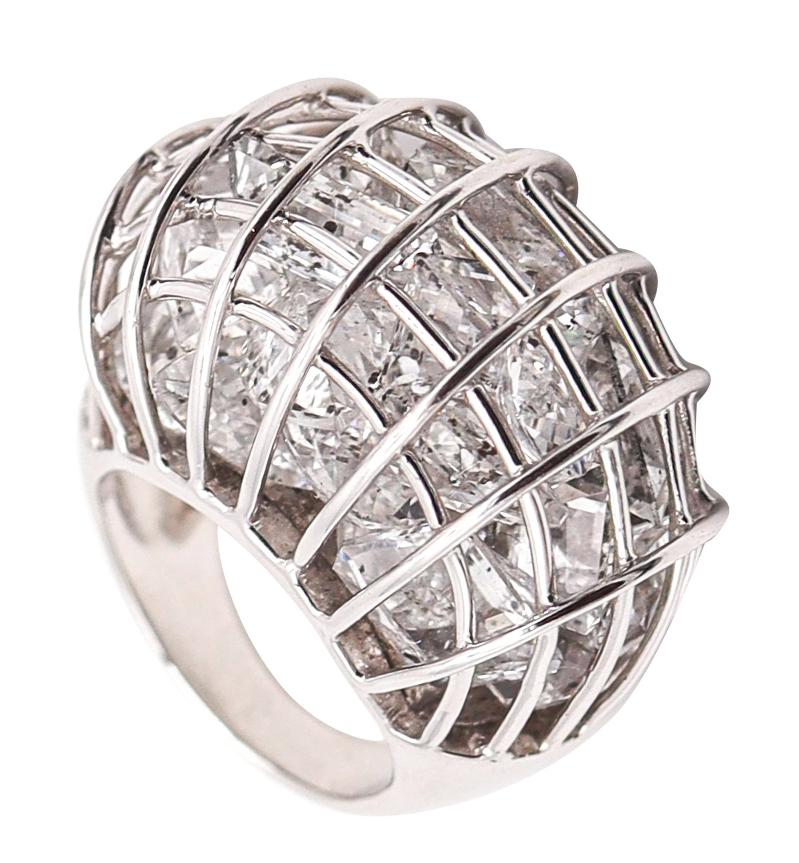 VERDURA Milano Caged Cocktail Ring In 18Kt White Gold With 25 Rock Quartzes: Rare “Caged” cocktail ring by Verdura, Milan, based on Fulco di Verdura’s iconic 1941 design (later production), crafted in solid 18K white gold with rhodium finish and high polish. 