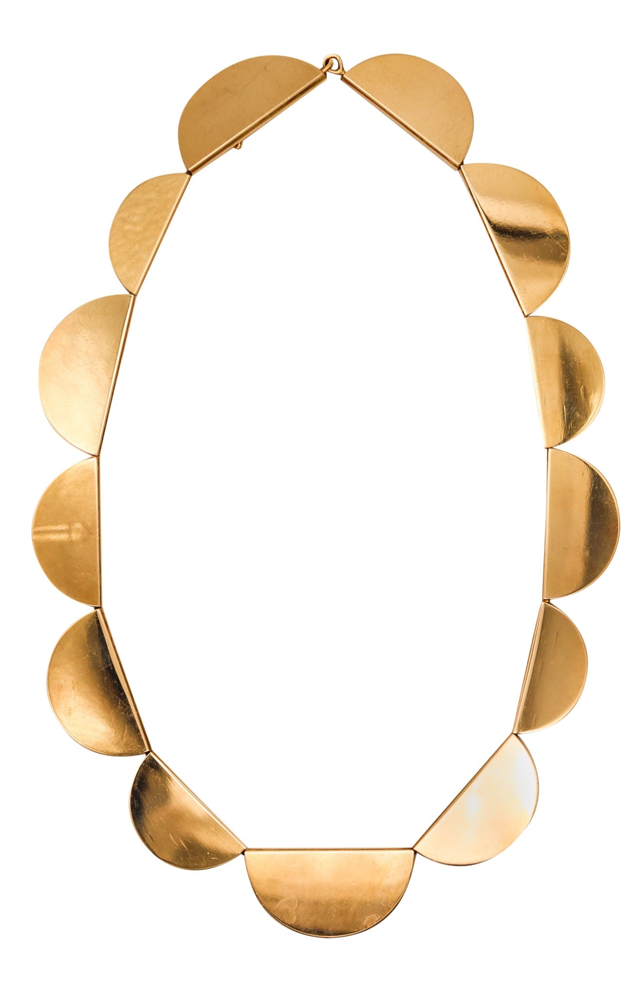 BETTY COOKE 1980 Geometric Semi-Circles Necklace In 14Kt Yellow Gold: Rare geometric necklace by artist-jeweler Betty Cooke (1924–2025), United States, Modernist circa 1970–1990. Sculptural yet wearable, it is crafted in solid 14K yellow gold with a high-pol