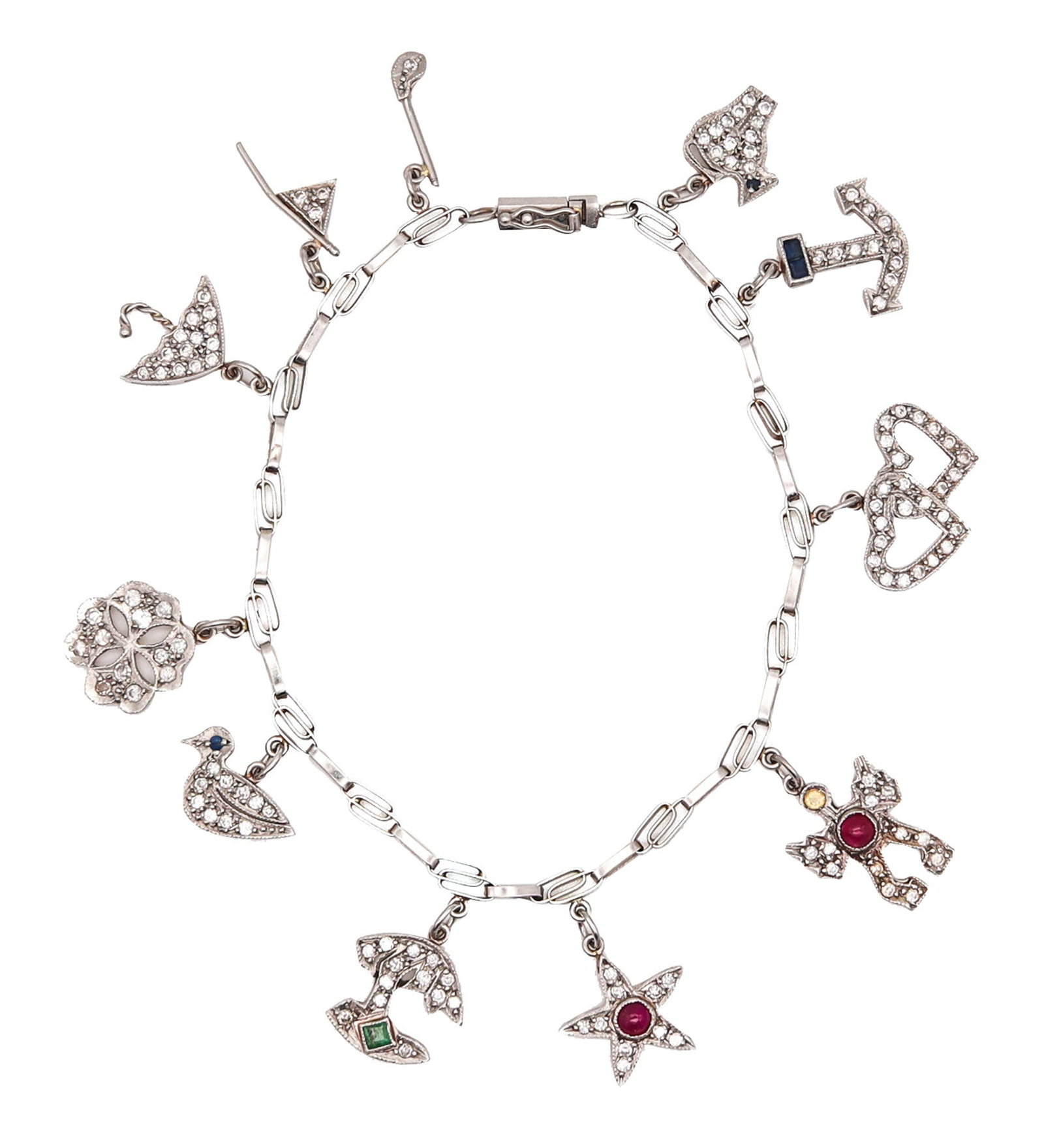 Art Deco 1930 Eleven Charms Bracelet In Platinum Enamel With 3.48 Ctw In Diamonds And Gems (1 of 11)
