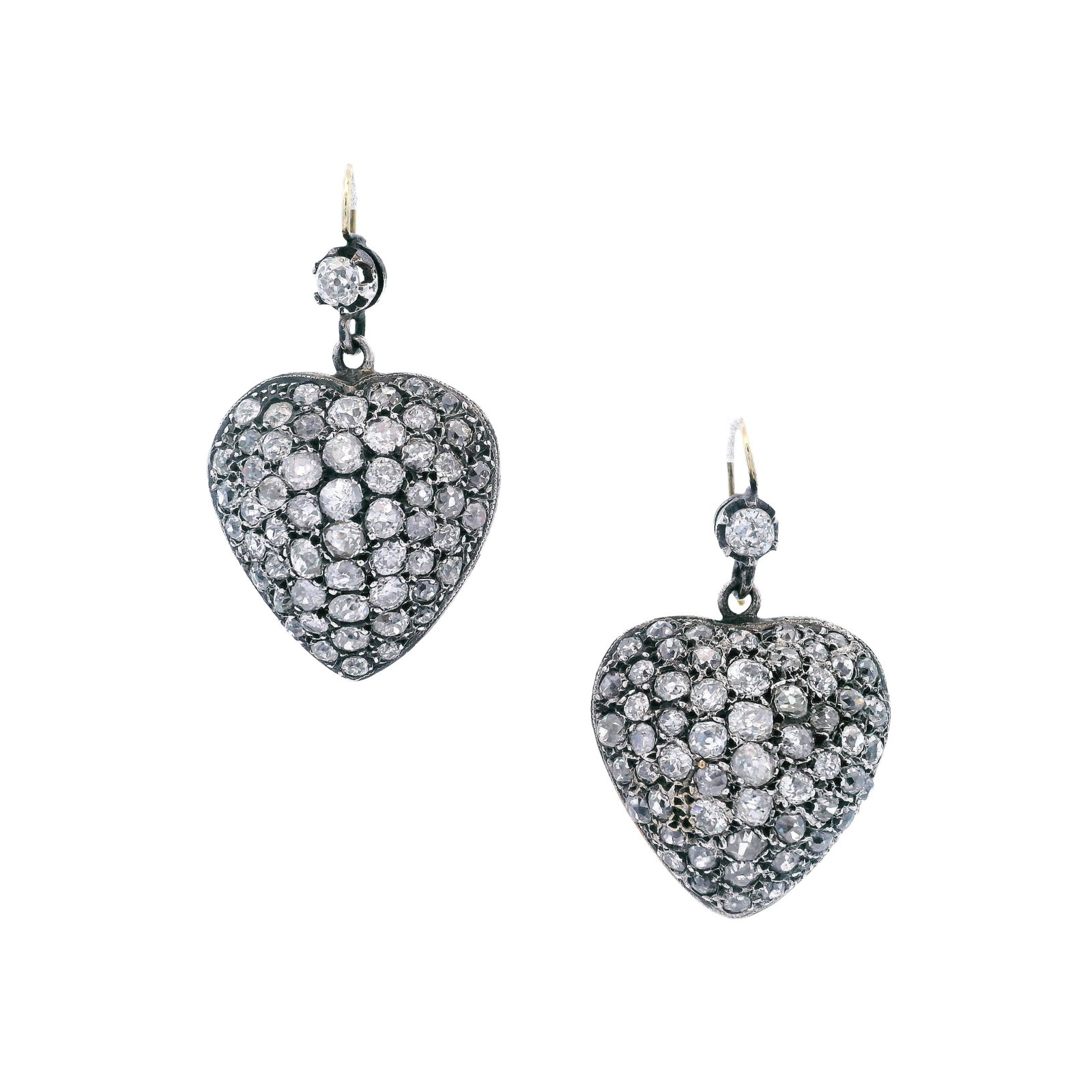 Antique 18K Yellow Gold & Silver Heart Drop Earrings with 10.35 CTW in Diamond: Antique 18K yellow gold and silver heart drop earrings, beautifully executed with a full pavé of old mine-cut diamonds totaling approximately 10.35 ctw (J–K color, VS–SI2 clarity) for