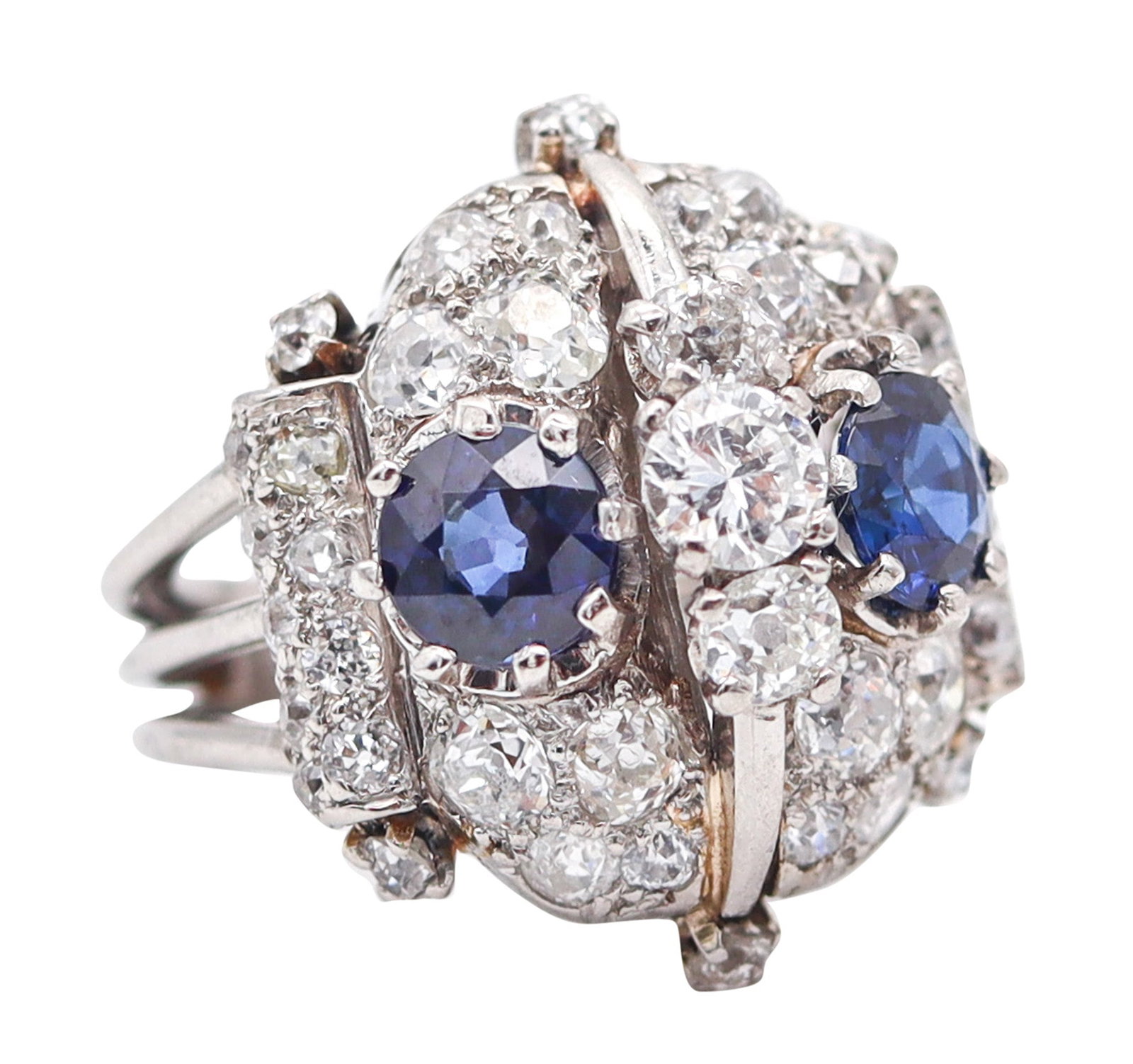 FRENCH 1925 Art-Deco Platinum Cocktail Ring With 4.88 Ctw Sapphires & Diamonds: Art Deco cluster cocktail ring, Paris, circa 1925, masterfully crafted in solid .900 platinum with a polished finish and a bold, gemset dome. Set with 45 natural gemstones: 43 mixed European and rose-
