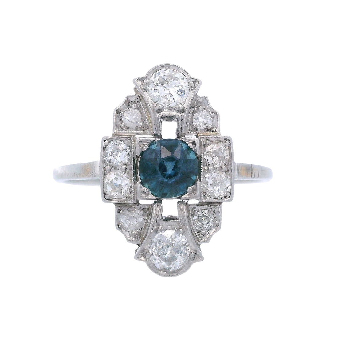 Art Deco Platinum Ring with 1.32 CTW in Blue Sapphire & Diamond: Art Deco platinum ring centered with a round blue sapphire of approximately 0.50 carats, accented by old mine-cut diamonds totaling approximately 0.82 carats (F–G color, SI1–SI2 clarity) f