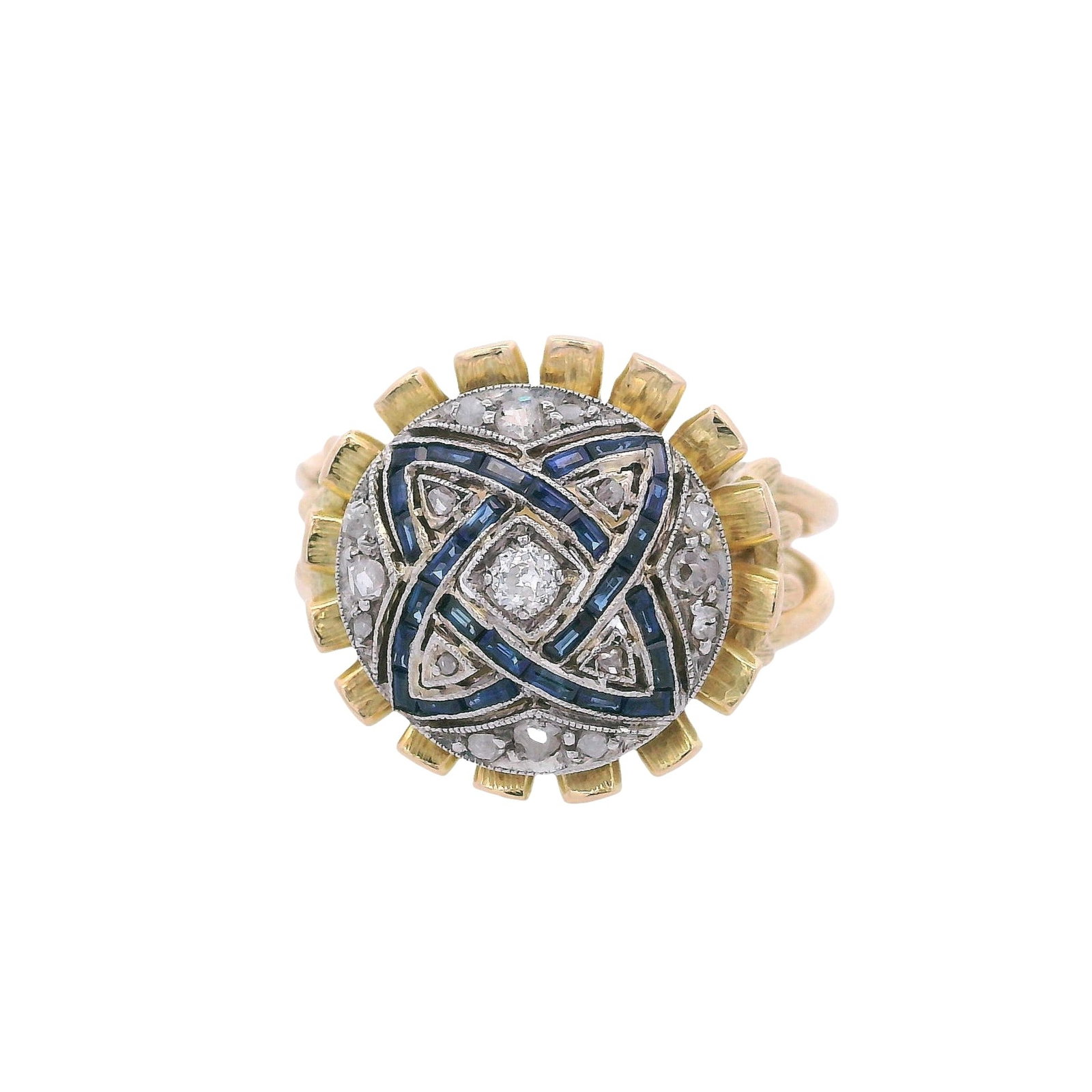 Art Deco Retro 18K Yellow Gold & Platinum Ring with Blue Sapphire & Diamond: Striking Art Deco/Retro ring crafted in 18K yellow gold and platinum, featuring an architectural, shield-like face with diamond accents and vivid blue sapphire detailing for crisp contrast and strong 