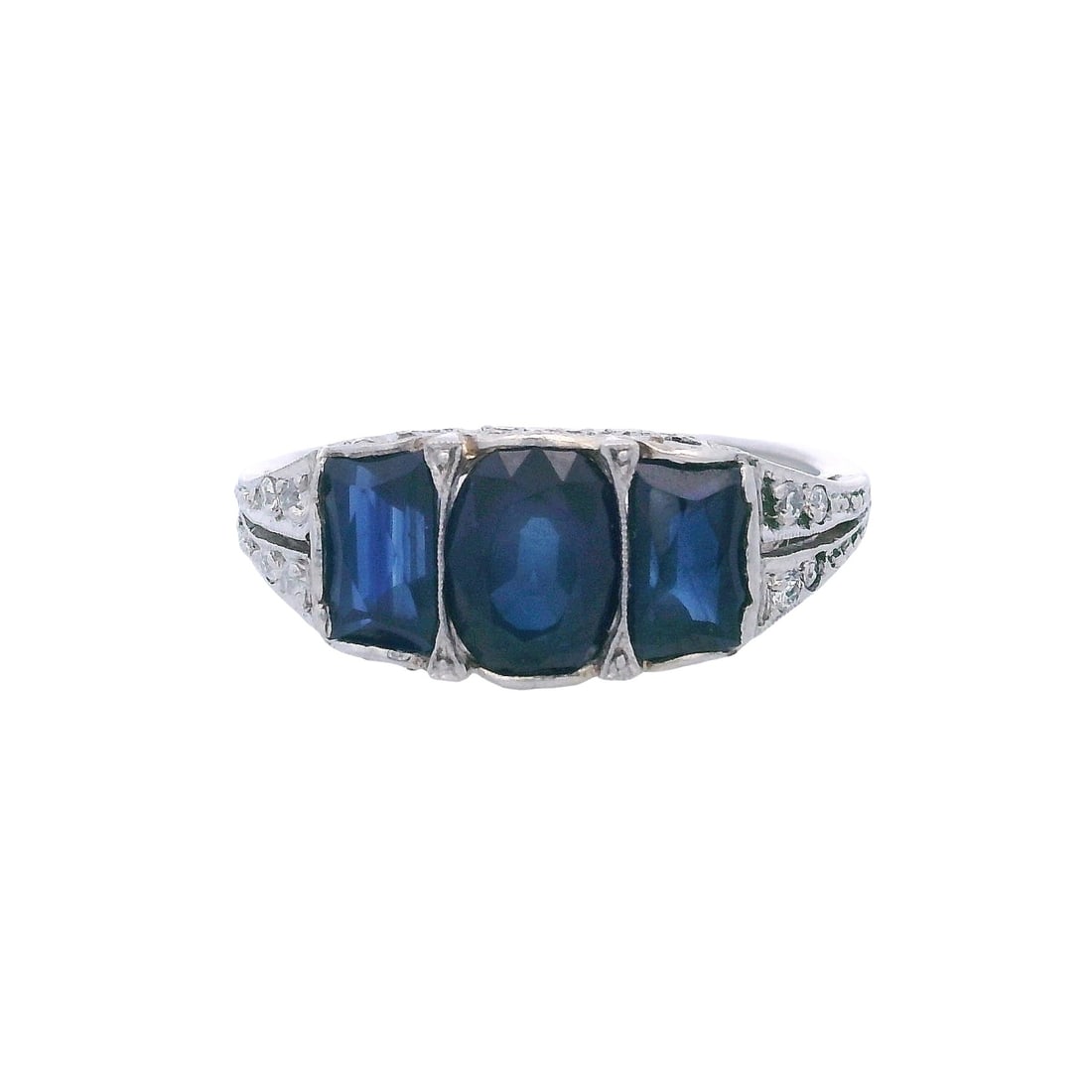 Art Deco Platinum Ring with 2.45 CTW in Blue Sapphire & Diamond: Art Deco platinum ring set with three blue sapphires totaling approximately 2.30 carats, accented along the top with single-cut diamonds totaling approximately 0.15 carats (graded colorless) for a cri