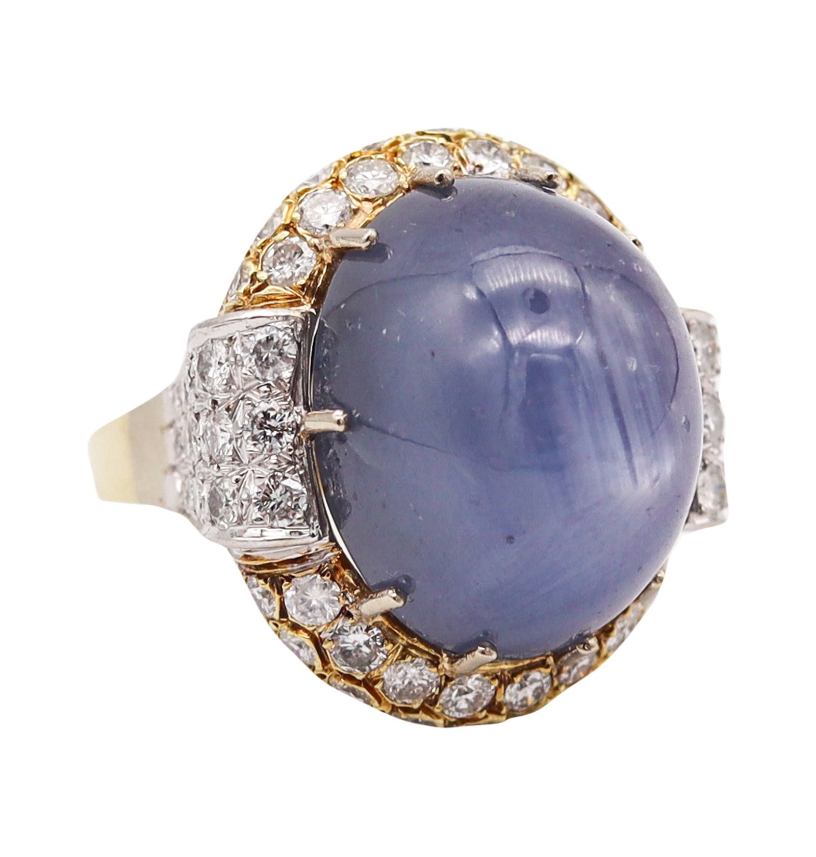 GIA CERTIFIED Huge Cocktail Ring 18Kt Gold With 54.31 Ctw Star Sapphire & Diamonds: Show-stopping star sapphire cocktail ring, crafted in solid 18K gold and designed for dramatic “Hollywood” presence. Set in a ten-prong mount with an oval double-cabochon natural blue star