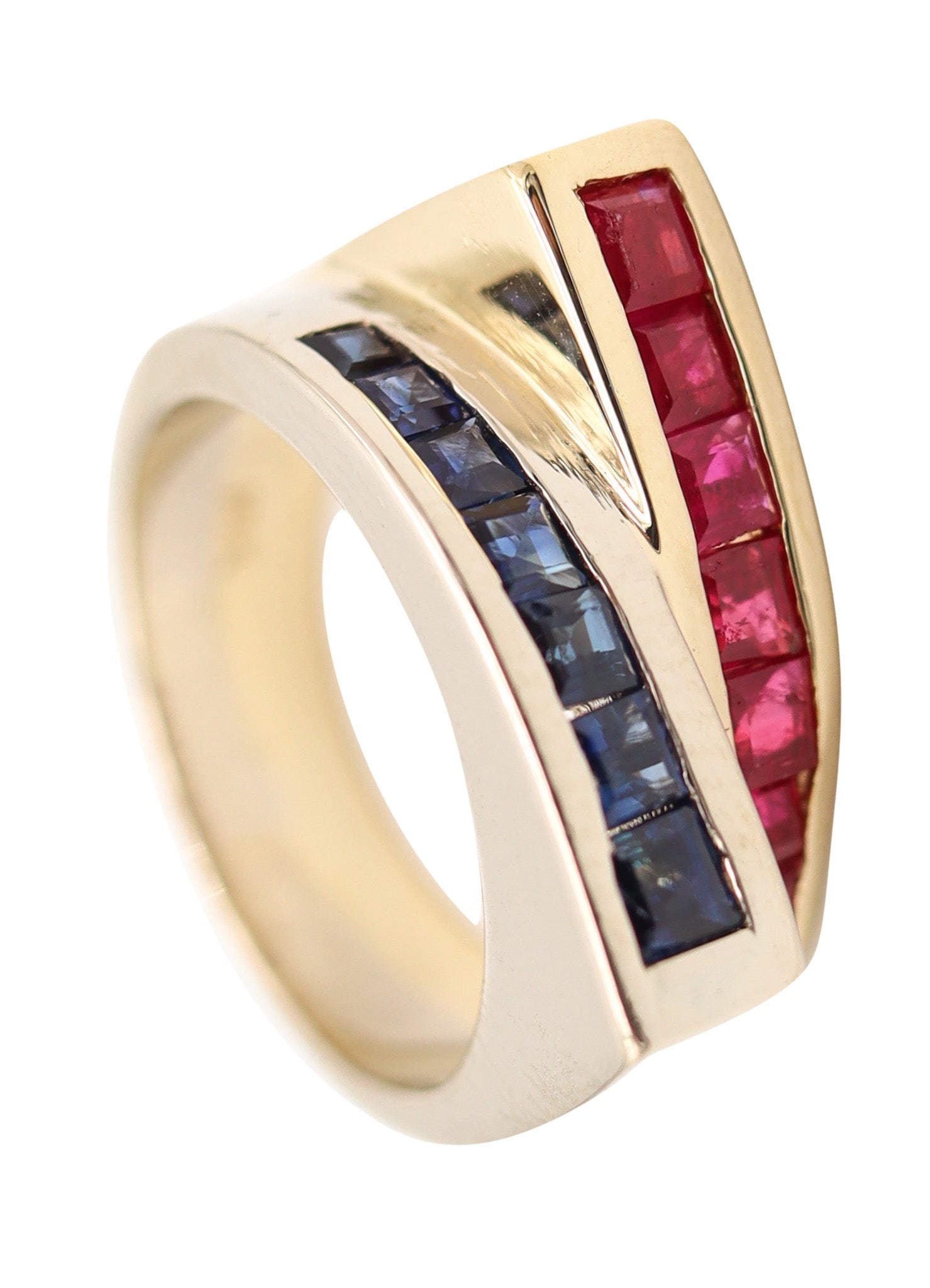 TANK RING Classic Ring In 14Kt Yellow And White Gold With Sapphires & Rubies: Bold mid-century tank ring, American Modernist, hand crafted in 14K yellow and white gold with a high-polish finish and strong geometric patterning. Channel set with 14 calibrated square princess-cut 