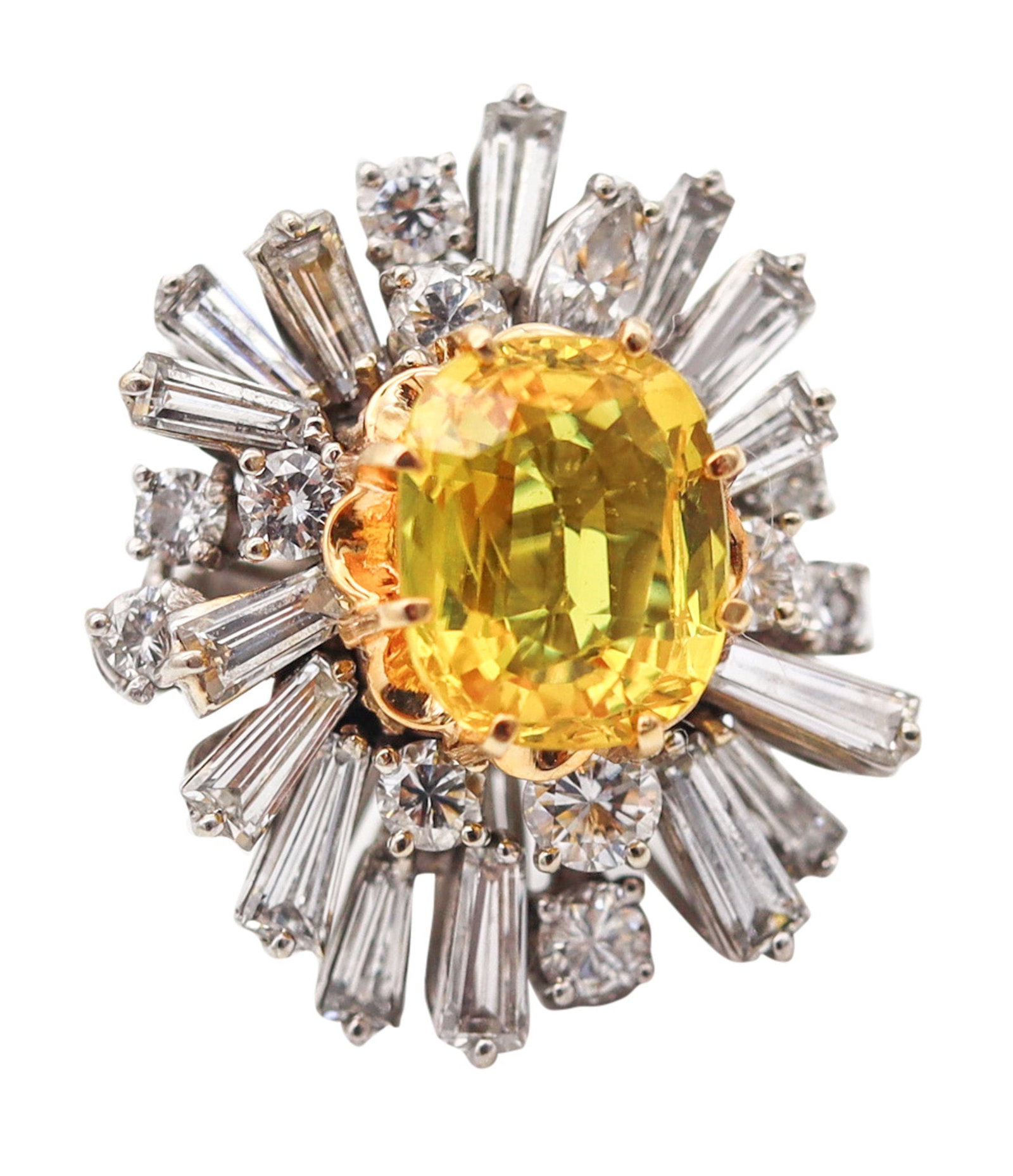 MODERNIST Cluster Cocktail Ring In 18Kt Gold 5.46 Ctw In Diamonds & Yellow Sapphires: Beautiful classic cluster cocktail ring crafted in 18K white and yellow gold with a high-polish finish, centered by a vivid yellow sapphire cushion cut (10 x 8 x 5mm; approx. 2.90 ct, formula). Framed