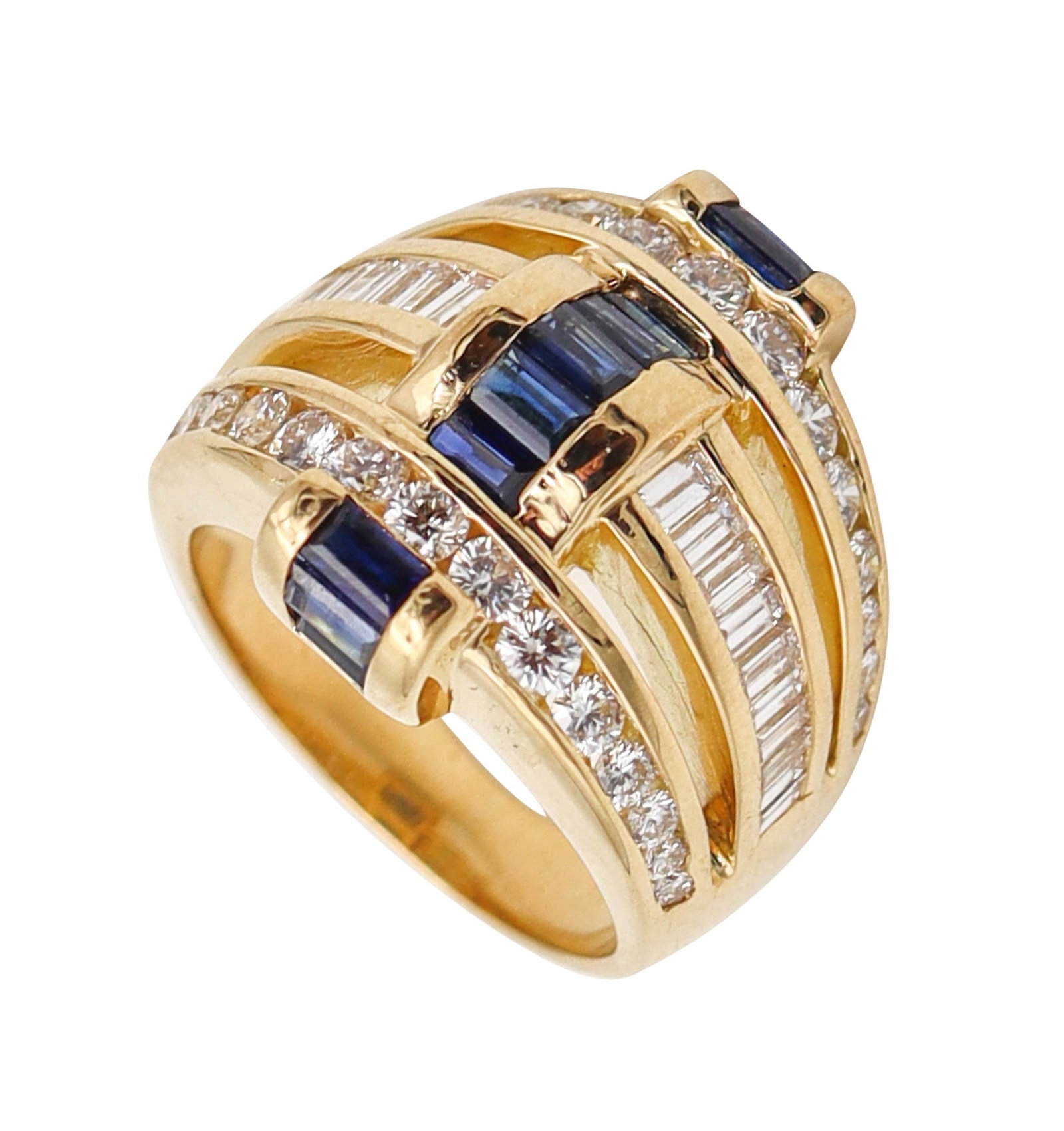 CHARLES KRYPELL Cocktail Ring In 18Kt Gold With 3.15 Cwt In Diamonds & Sapphires: Bold Charles Krypell ring, New York, crafted in solid 18K yellow gold and designed with crisp channel-set geometry and strong presence. Set with 50 diamonds—30 round brilliants totaling approx. 