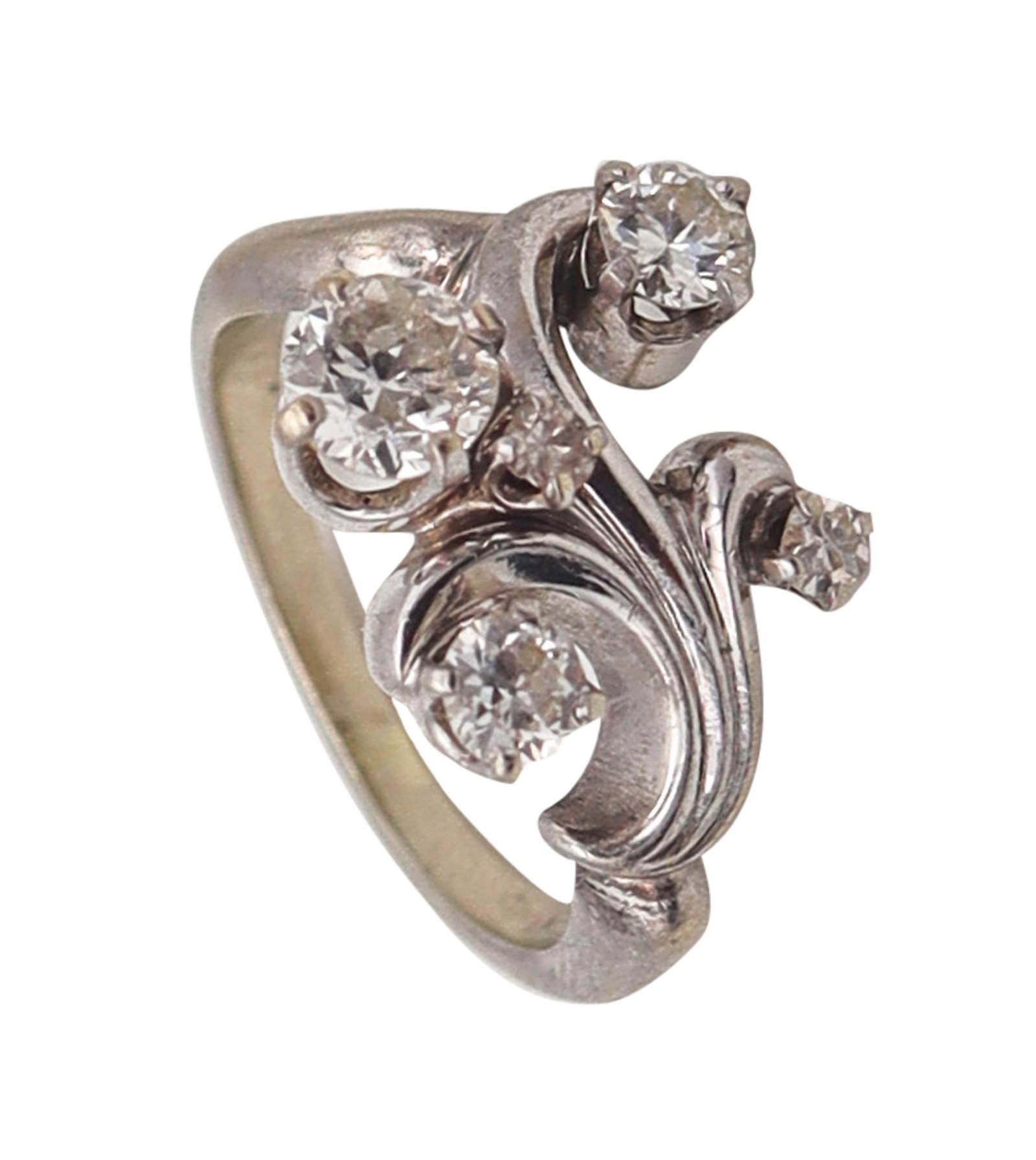Art Deco Retro 1940 Swirl Ring In Solid 14Kt White Gold With Four White Diamonds: Very elegant swirl ring, America, circa 1940 (late Art Deco/Retro), crafted in solid 14K white gold with a polished finish and graceful, flowing lines. Set with four graduated European-cut round diamo