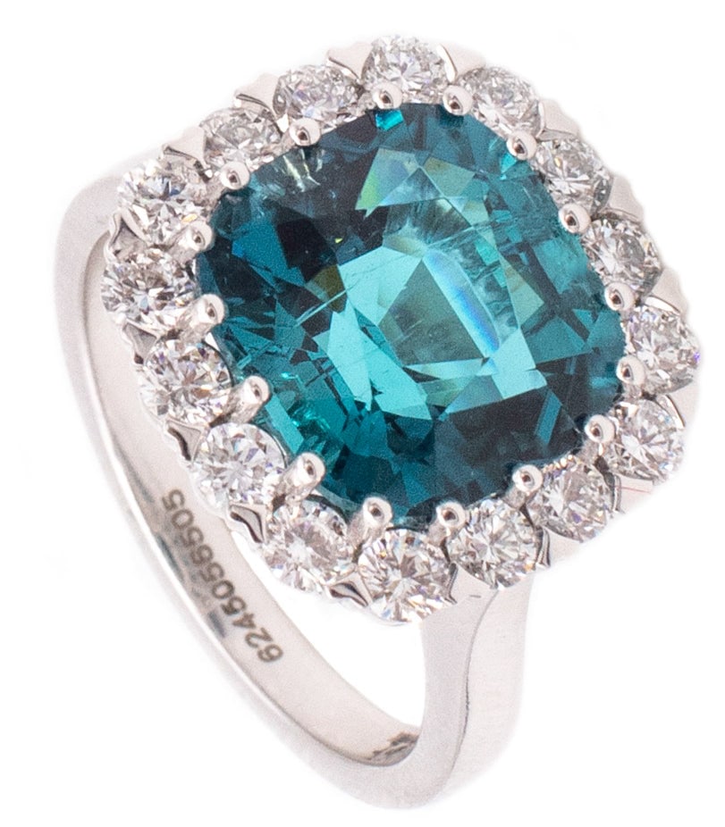 Orloff Ehrenskjold Cocktail Ring In 18Kt Gold With 6.80 Ctw in Tourmaline And Diamonds: Exceptionally beautiful cocktail ring by Orloff Ehrenskjold, Copenhagen, crafted in solid 18K white gold with a high-polish finish and classic proportions. Centered with a vivid intense blue Paraí