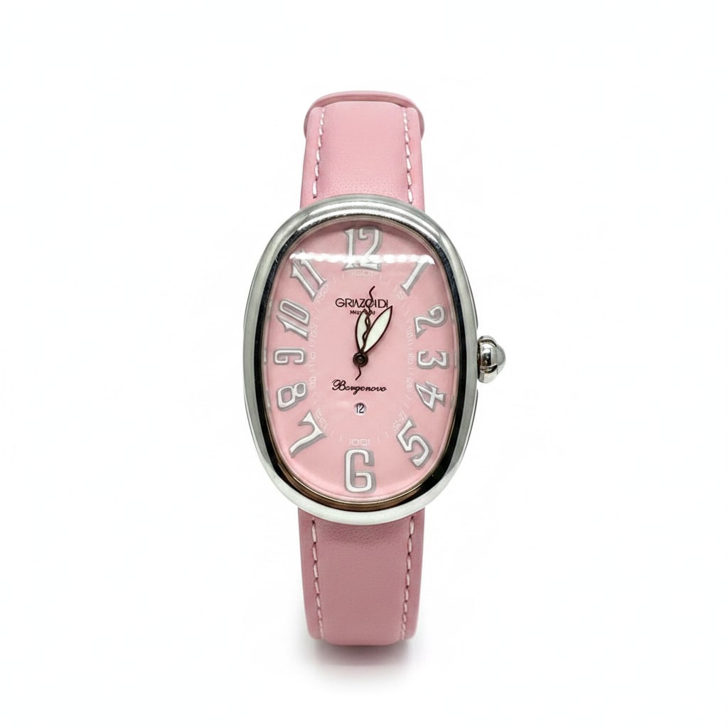 Grimoldi Stainless Steel Small Ladies Auto-Date w/Pink Dial C. 2000: Grimoldi Borgonovo Ladies Stainless Steel Automatic Date Watch (c. 2000) — Italian-designed with an oval stainless steel case measuring 26 mm x 46 mm. Features a pink dial with Arabic numerals a