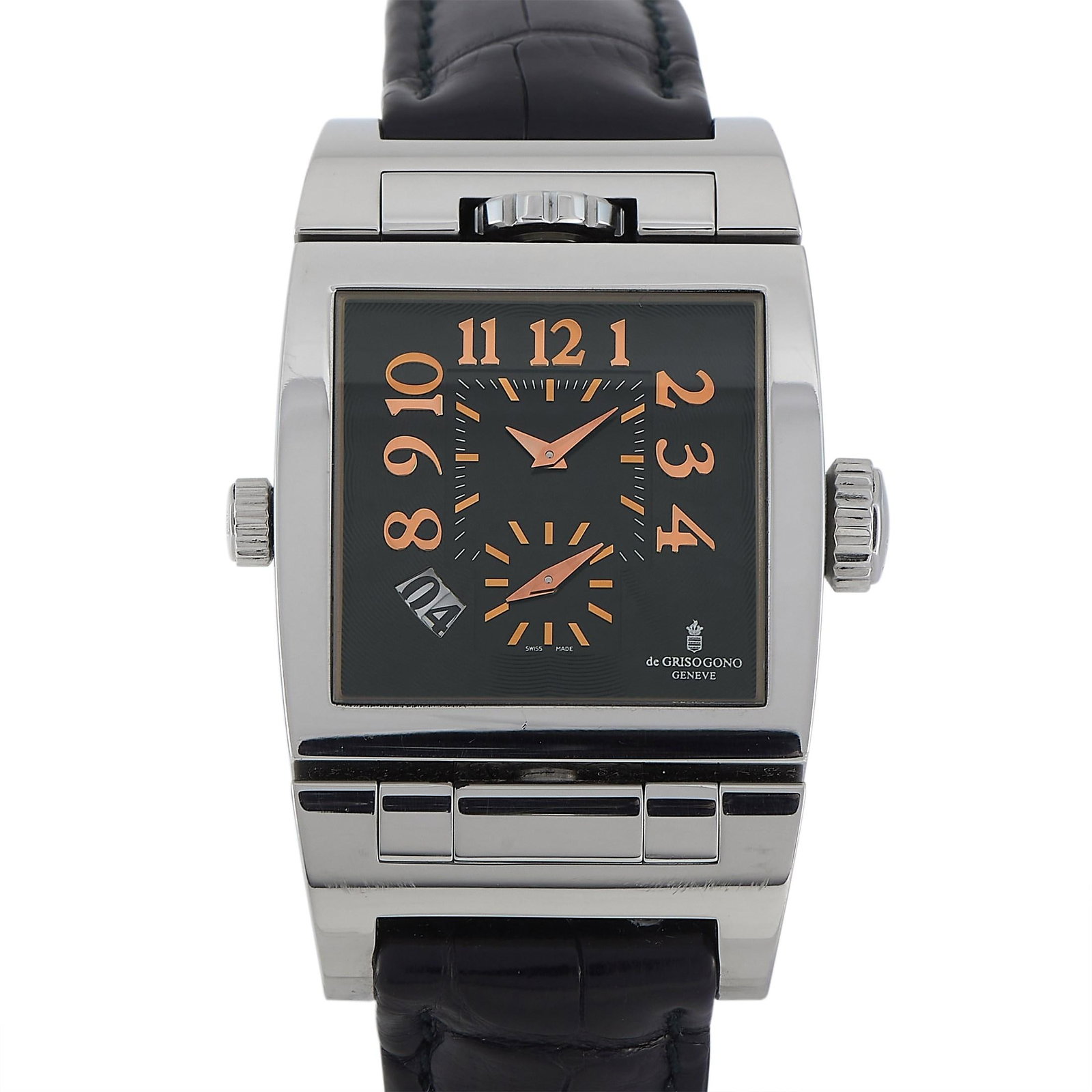 De Grisogono Instrumento Doppio Tre wristwatch: de Grisogono Instrumento Doppio Tre No. 2 Limited Edition Automatic Watch (2002) — Rare Swiss-made dual-dial timepiece in a polished stainless steel square case (35mm x 60mm). Features a pivotin
