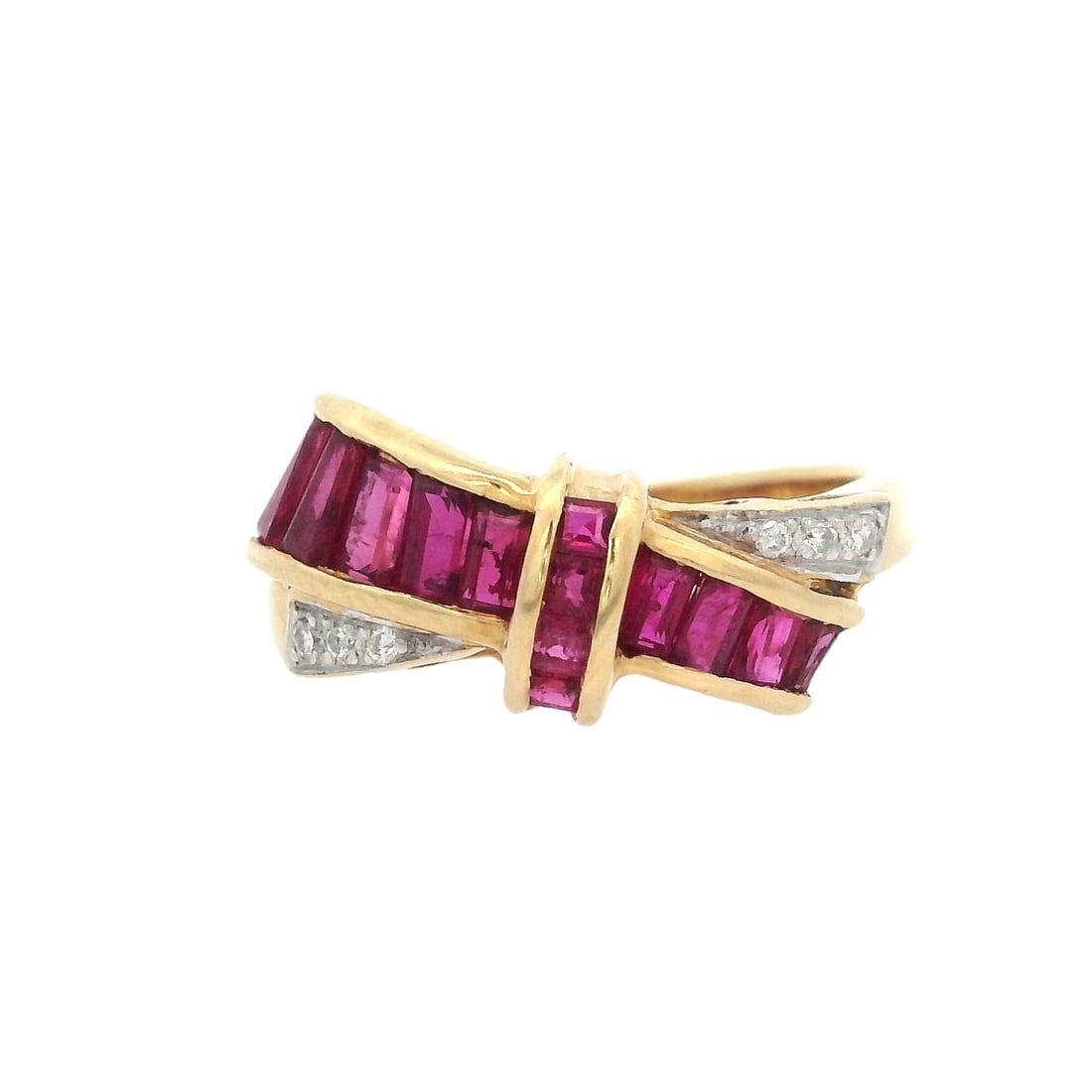 18K Yellow Gold Ribbon Ring with 2.10 CTW in Rubies & Diamonds: Striking 18K yellow gold ribbon ring, elegantly designed with a sweeping, sculptural profile and set with calibrated baguette-cut rubies totaling approximately 1.70 CTW, complemented by round-cut diam