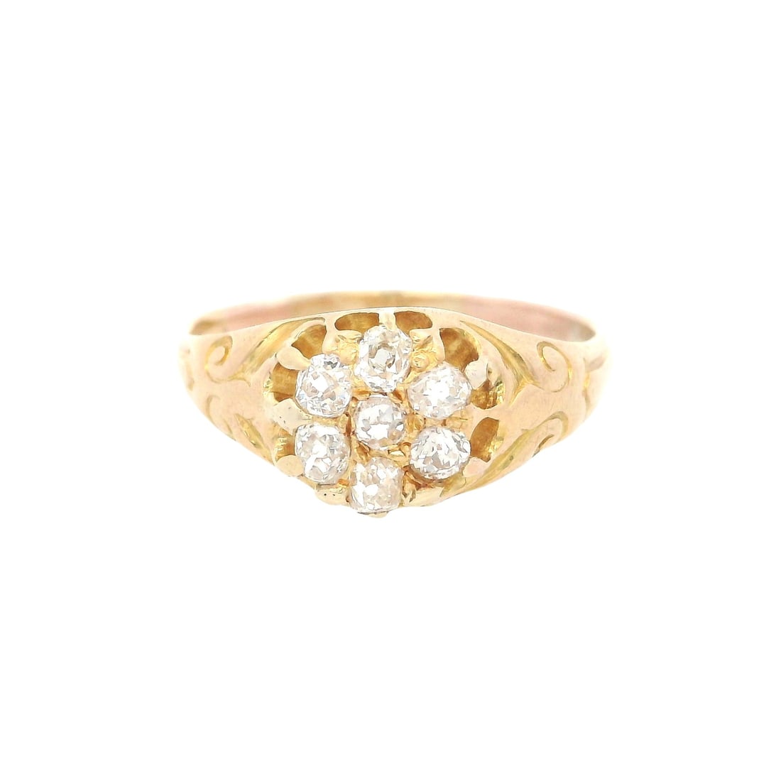 Antique 18K Yellow Gold Ring with 0.50 CTW in Diamonds: Lovely antique 18K yellow gold ring featuring a sparkling cluster of seven old mine-cut diamonds totaling approximately 0.50 CTW, graded H color and VS2 clarity, set in a charming floral-style arrange