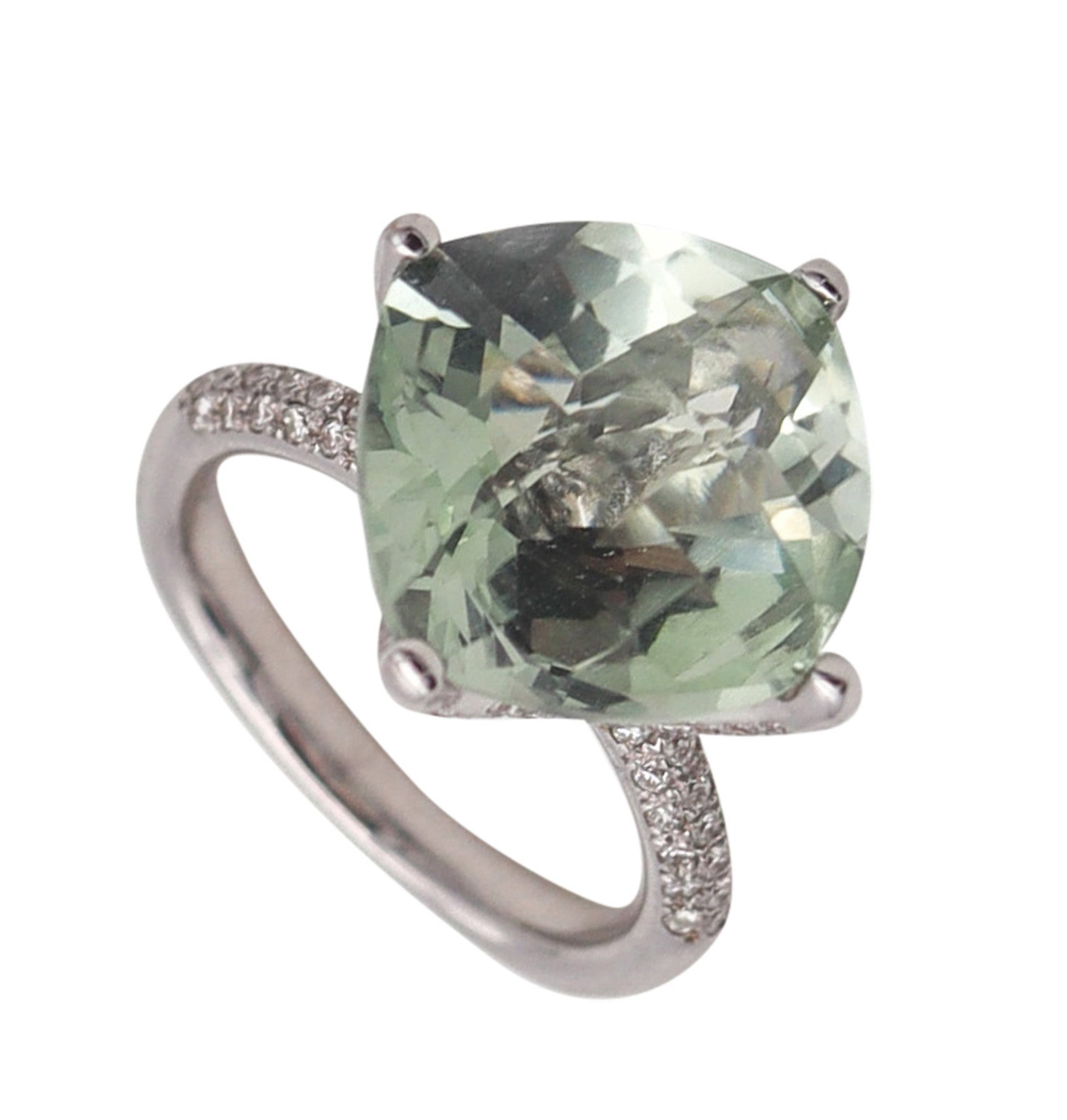 Salavetti Cocktail Ring In 18Kt White Gold With 9.52 Ctw In Diamonds And Prasiolite: Elegant Salavetti cocktail ring, Milano, crafted in solid 18K white gold with a high-polish modern design. Centered with a cushion-cut green prasiolite in four prongs (13 x 13 x 10mm; approx. 8.28 ct)