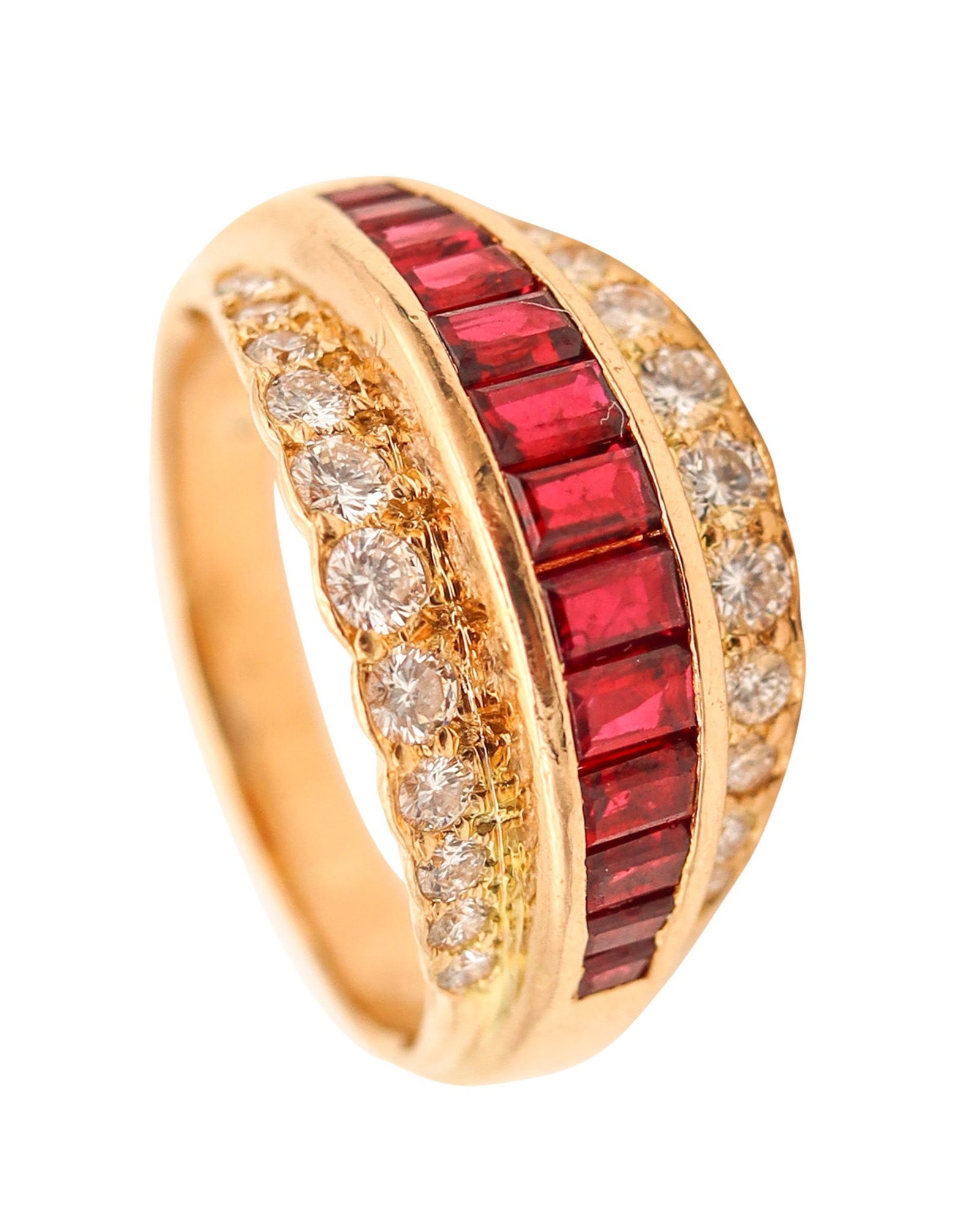 OSCAR HEYMAN Cocktail Ring In 18Kt Gold With 2.64 Ctw In Diamonds And Rubies: Beautiful Oscar Heyman cocktail ring, New York City, crafted in solid 18K yellow gold with a high-polish finish and set with 35 natural gemstones in a crisp, graphic layout. Centered with 13 graduated