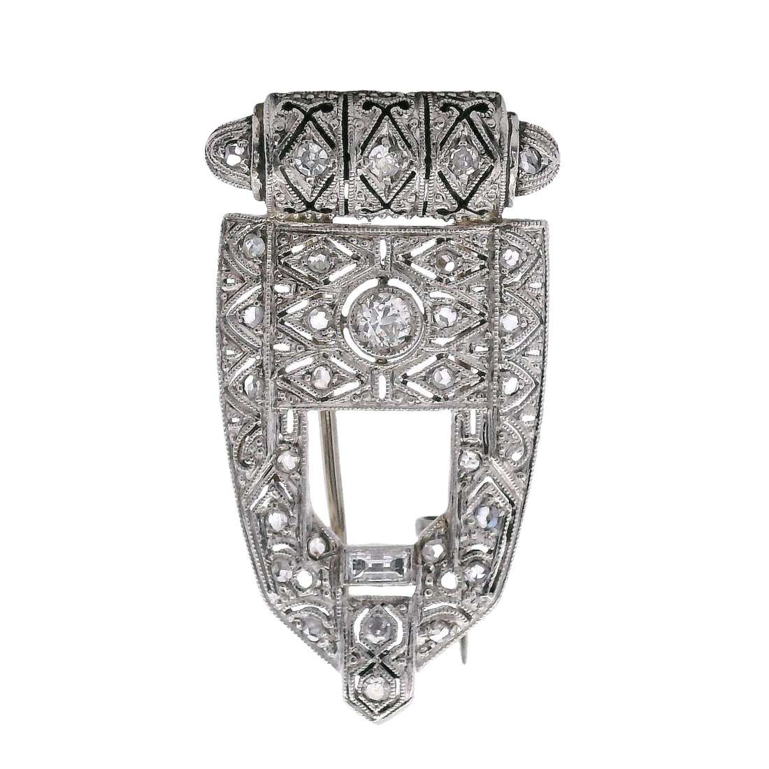 Art Deco Platinum & 18K White Gold Filigree Pin with Diamonds: Art Deco filigree pin crafted in platinum and 18K white gold, beautifully detailed with geometric openwork and set with a mix of old mine-cut and rose-cut diamonds totaling approximately 0.30 carats (