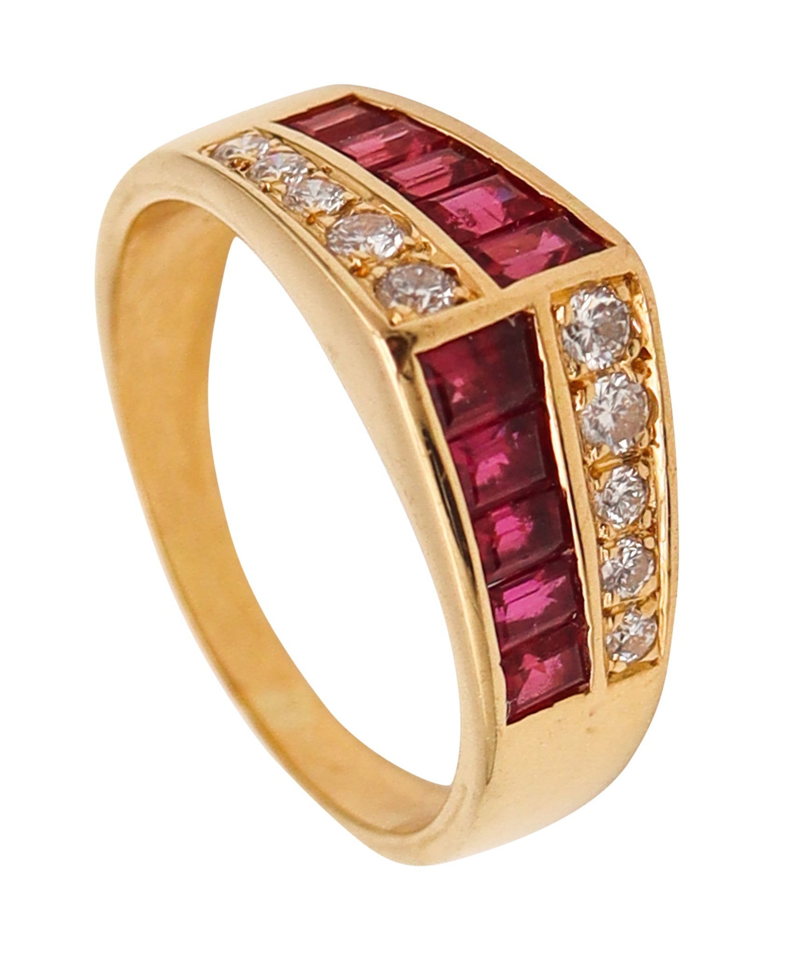 OSCAR HEYMAN Cocktail Ring In 18Kt Yellow Gold With 1.52 Ctw In Diamonds & Rubies: Oscar Heyman cocktail ring, New York City, crafted in solid 18K yellow gold with a high-polish finish and a bold, colorful Art Deco–inspired layout. Set with 20 natural gemstones: 10 channel-set