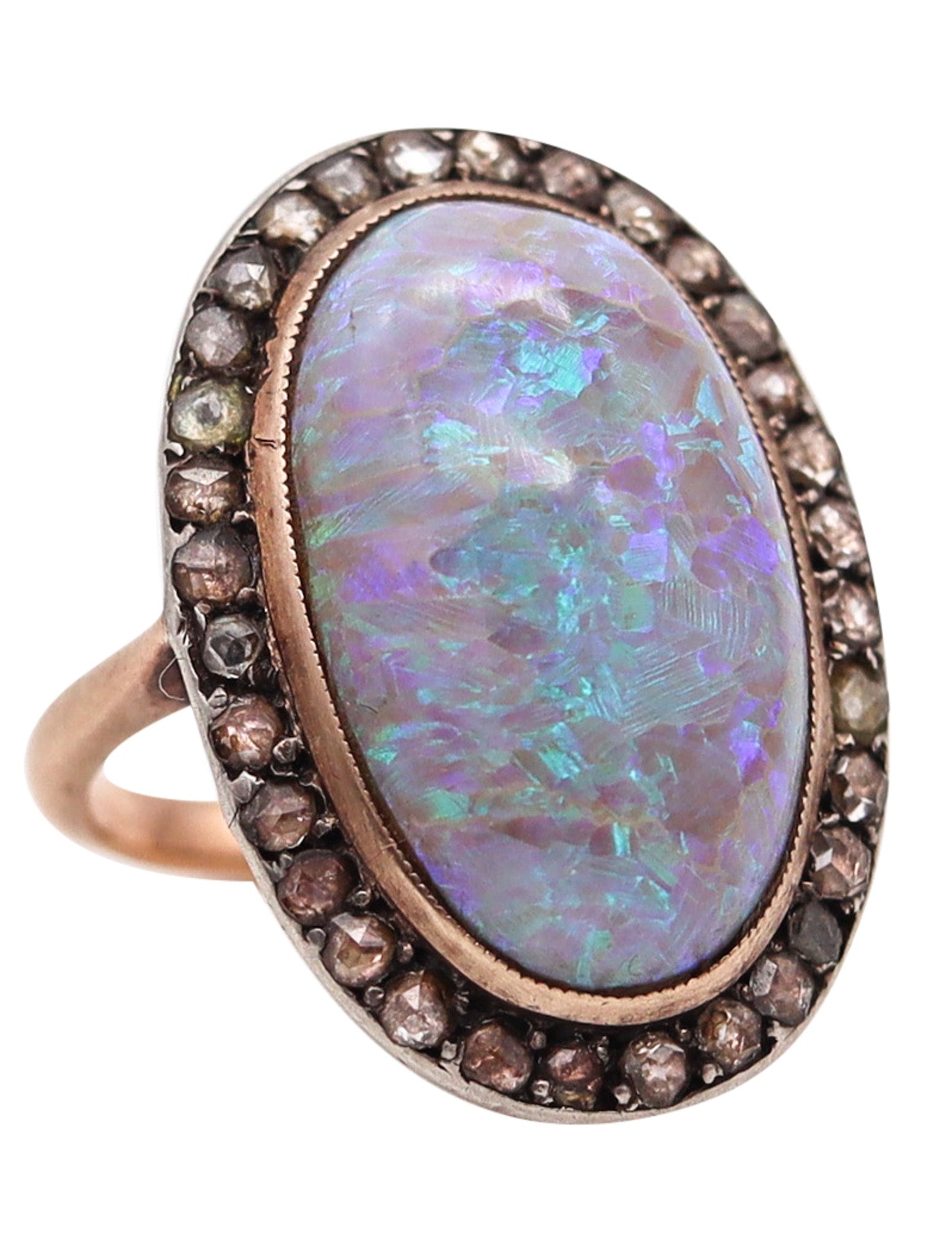 VICTORIAN 1880 Antique Ring In Yellow Gold With 8.95 Ctw In Opal And Diamonds: Gorgeous Victorian statement ring, England, circa 1880, designed in an elegant oval with crisp millegrain detailing. Crafted in 14K yellow gold with a 9K yellow-gold bezel and a silver-topped diamond 
